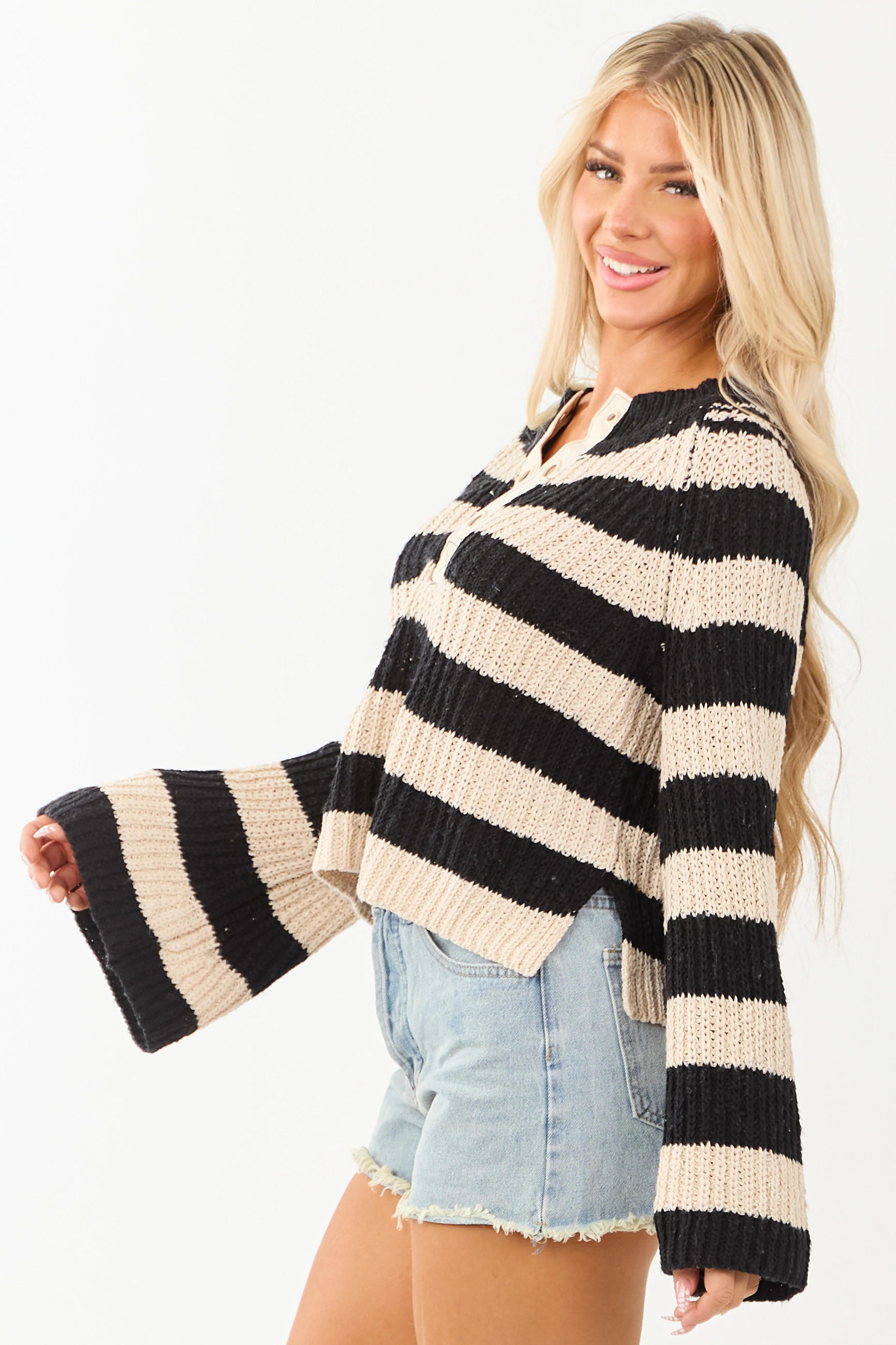 Camel and Black Striped Long Flare Sleeve Sweater - Image 5