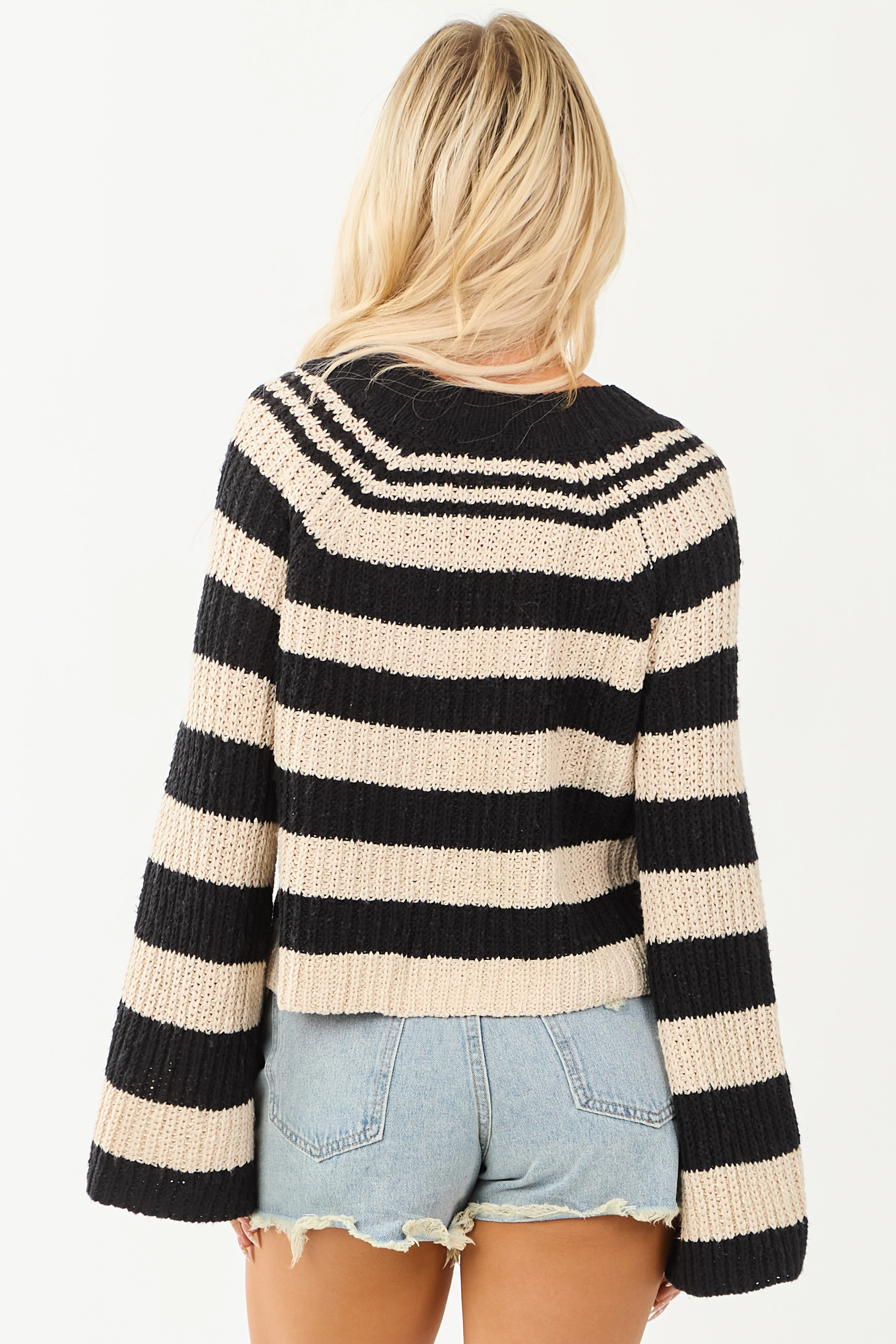 Camel and Black Striped Long Flare Sleeve Sweater - Image 6