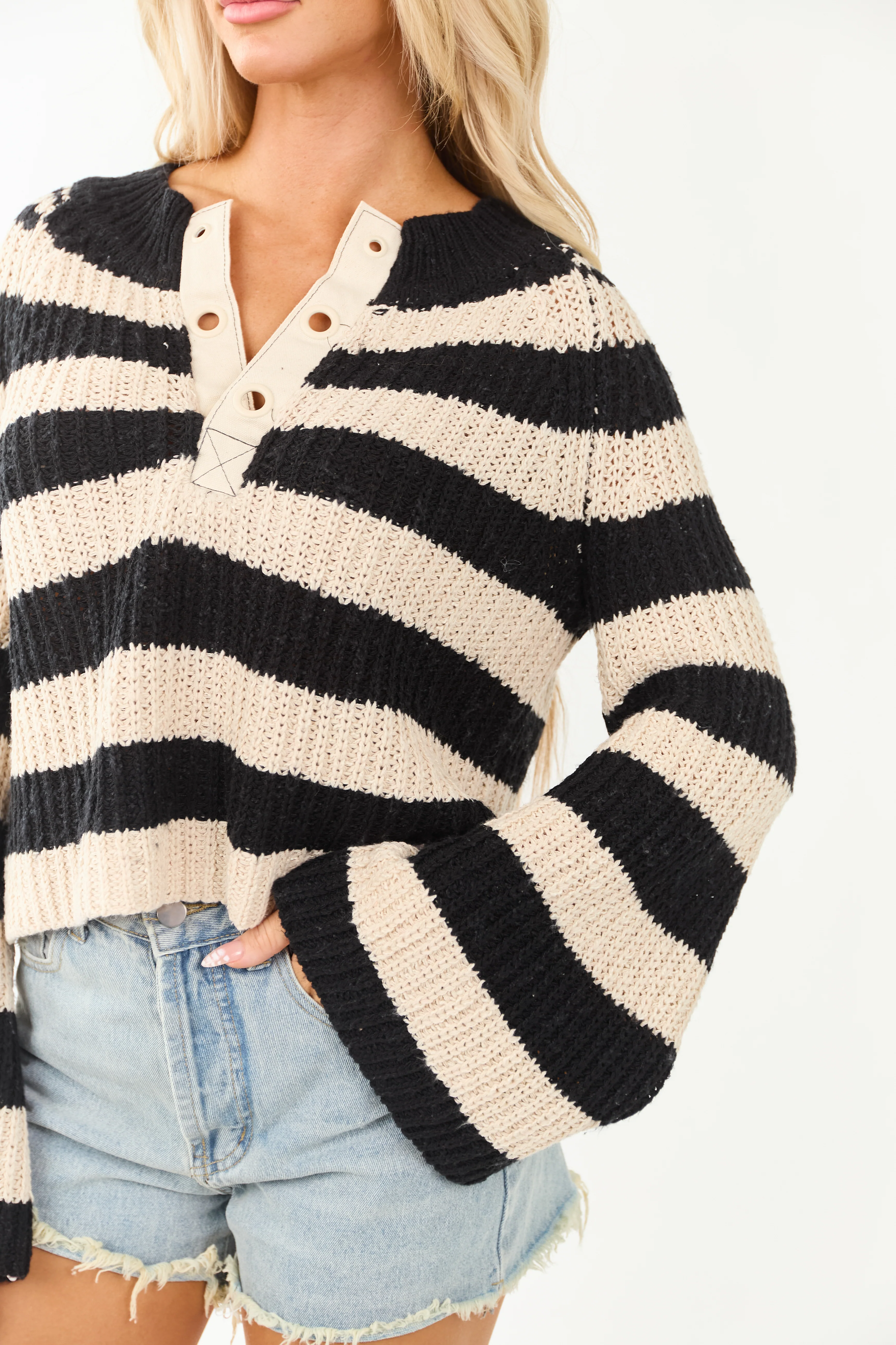 Camel and Black Striped Long Flare Sleeve Sweater - Image 7
