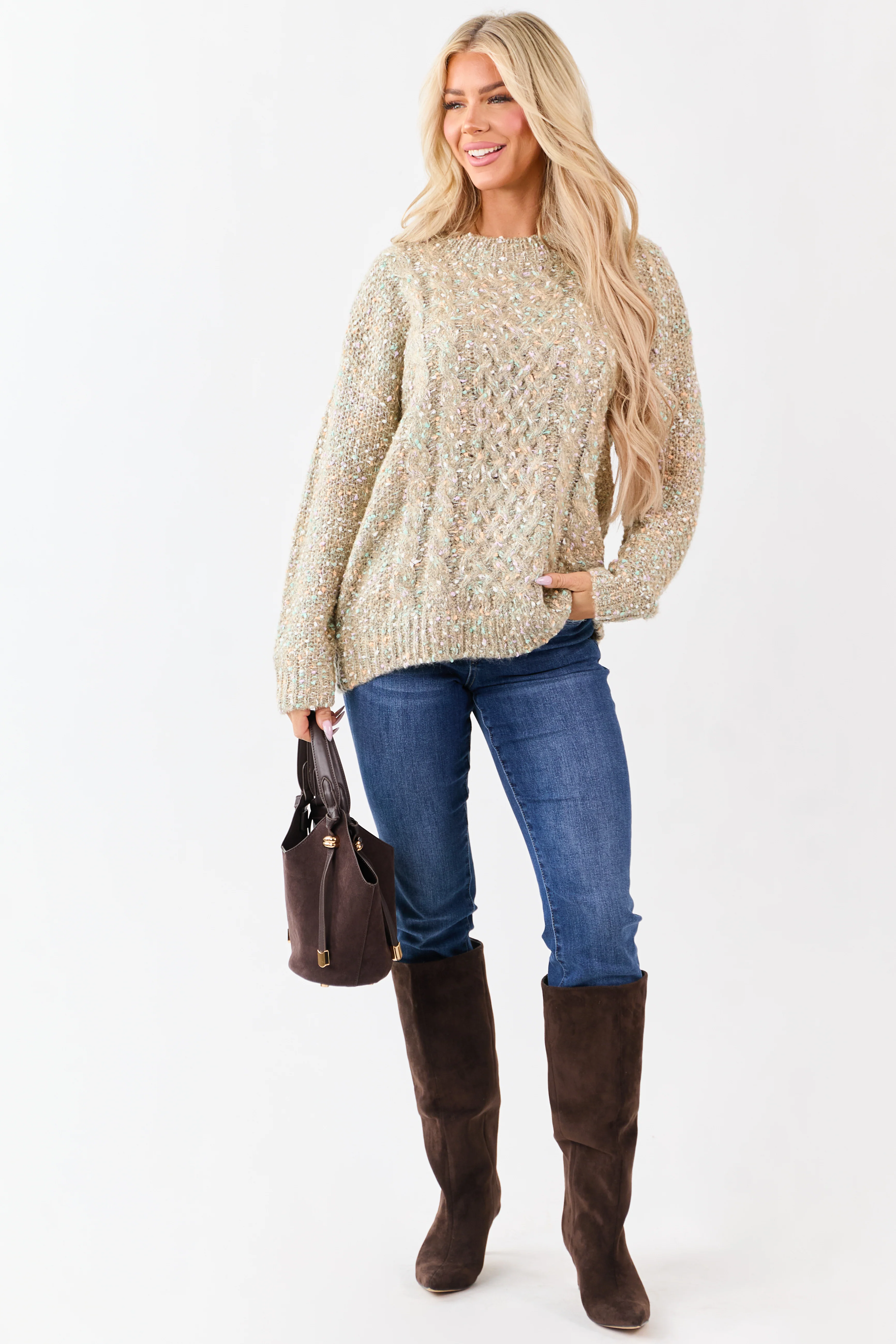 Camel Confetti Cable Knit Long Sleeve Sweater - Image 3
