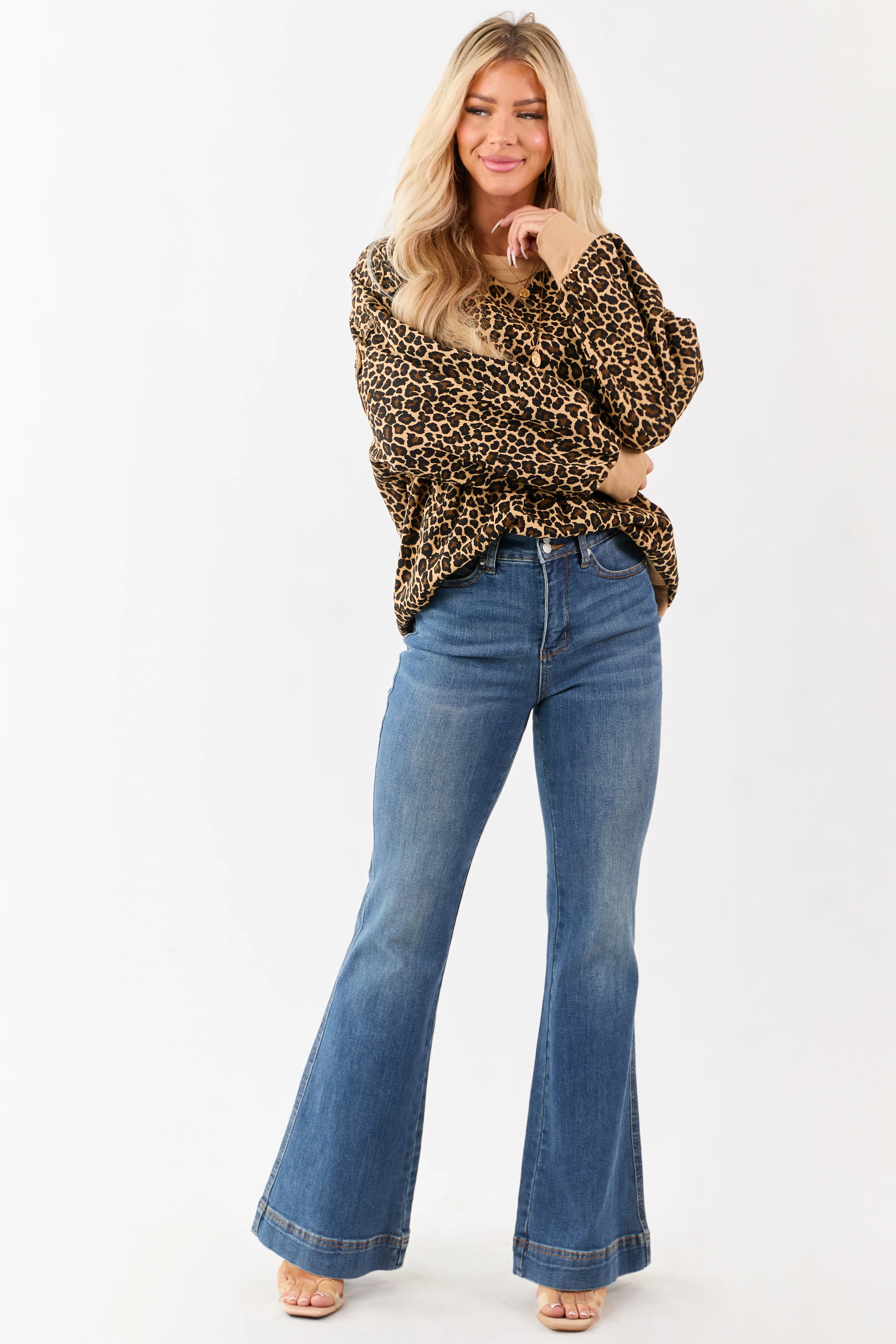 Camel Cotton Leopard Print Crew Neck Sweatshirt - Image 2