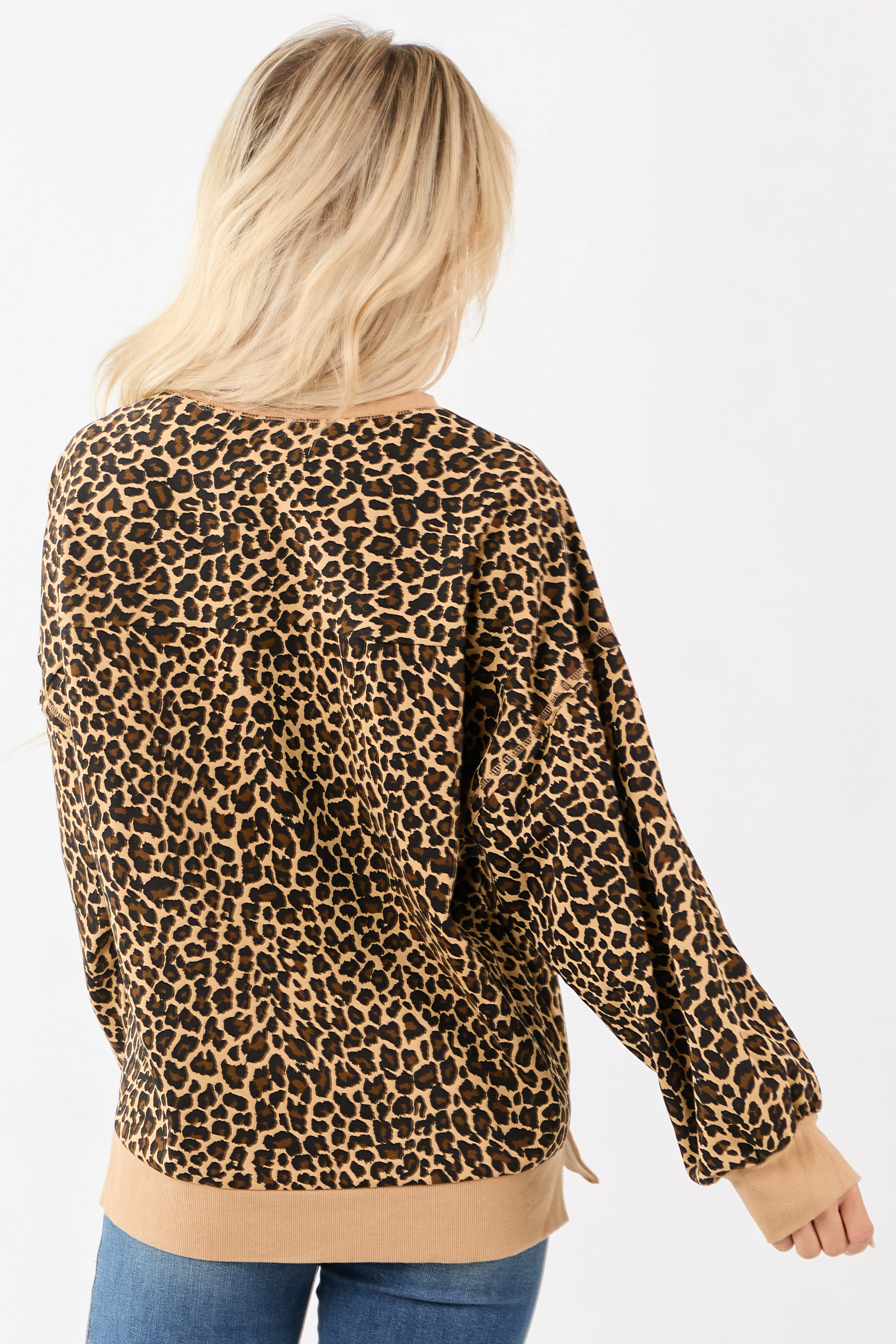 Camel Cotton Leopard Print Crew Neck Sweatshirt - Image 5
