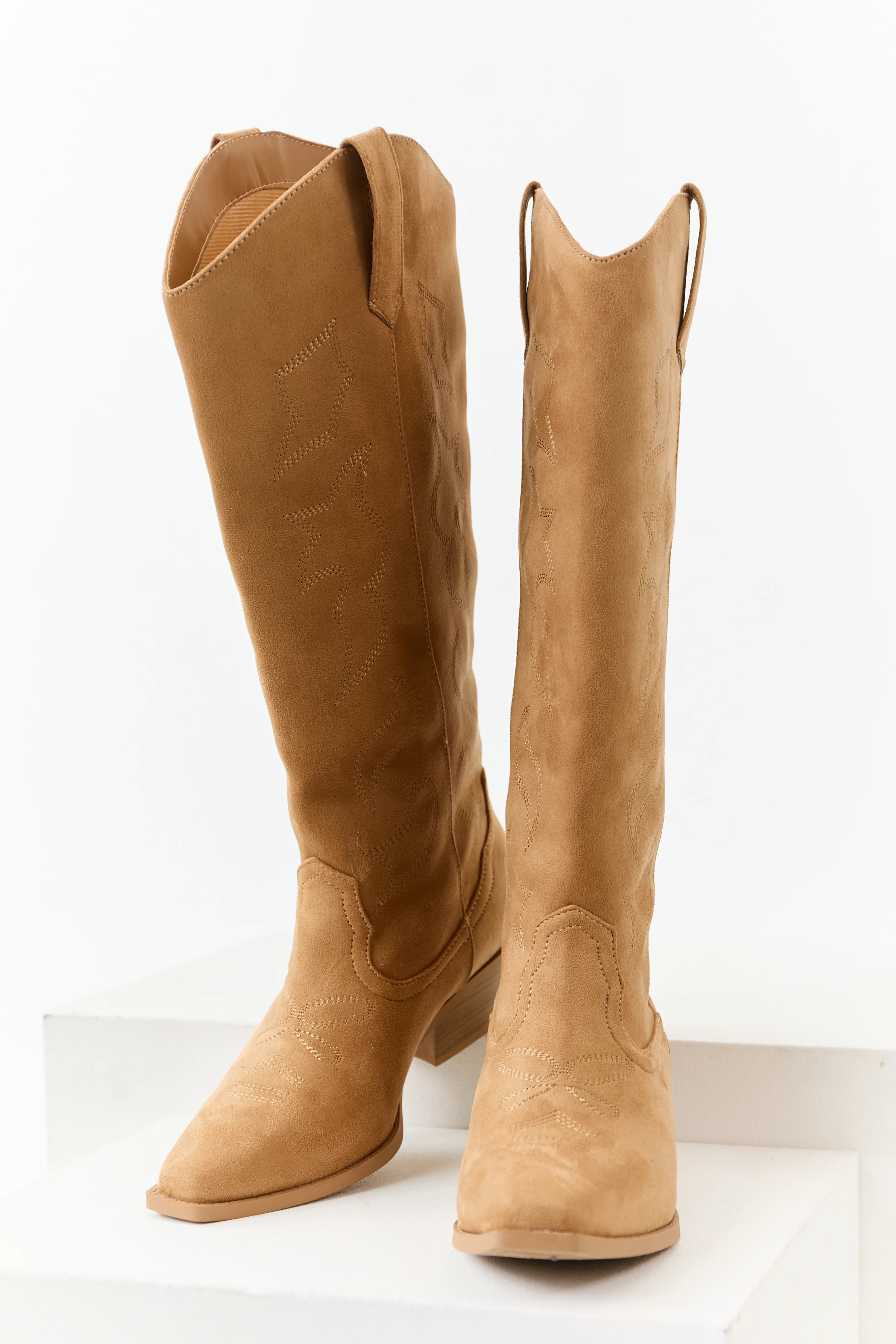Camel Faux Suede Western Embroidered Tall Boots - Image 3