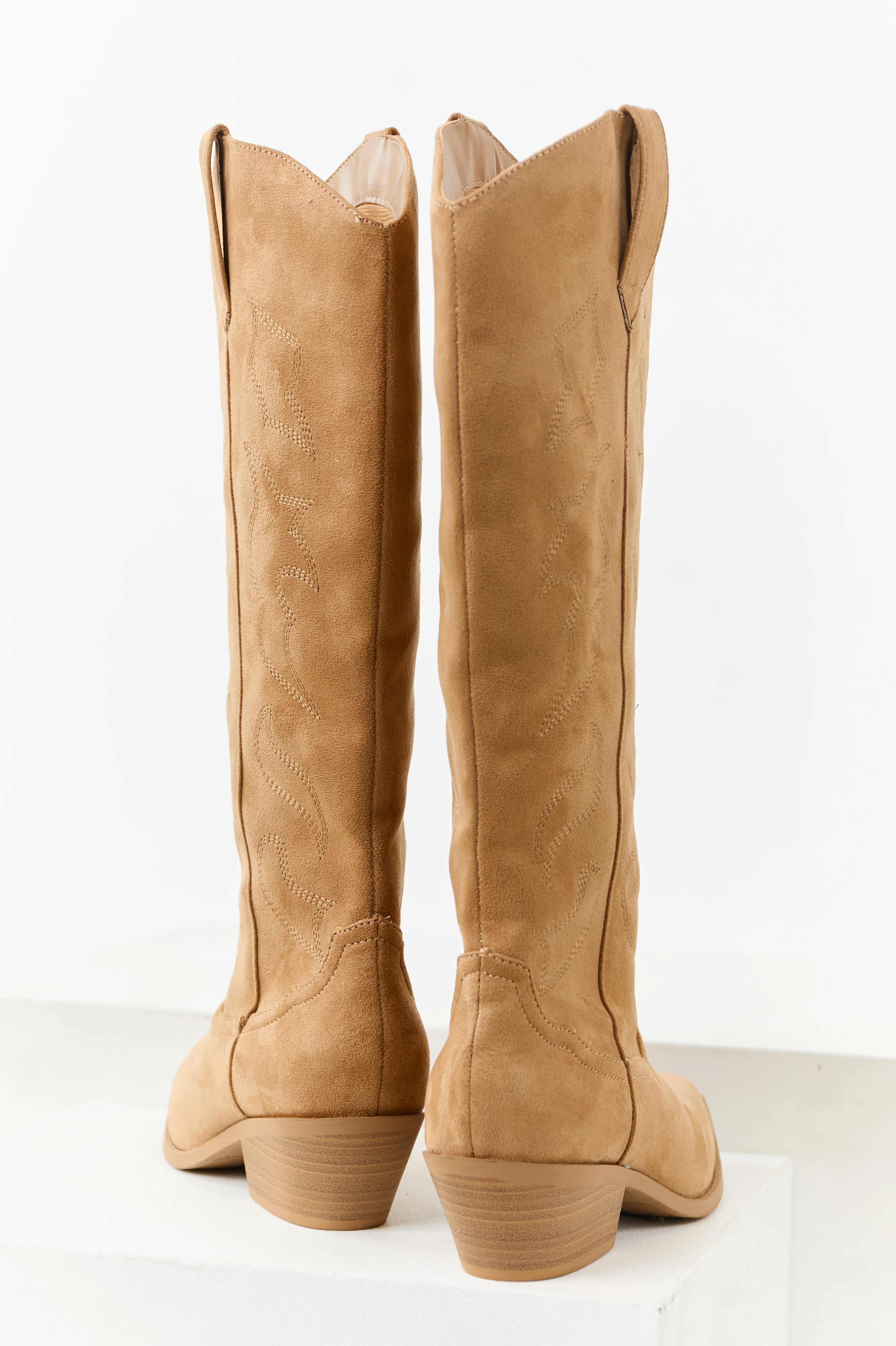 Camel Faux Suede Western Embroidered Tall Boots - Image 4