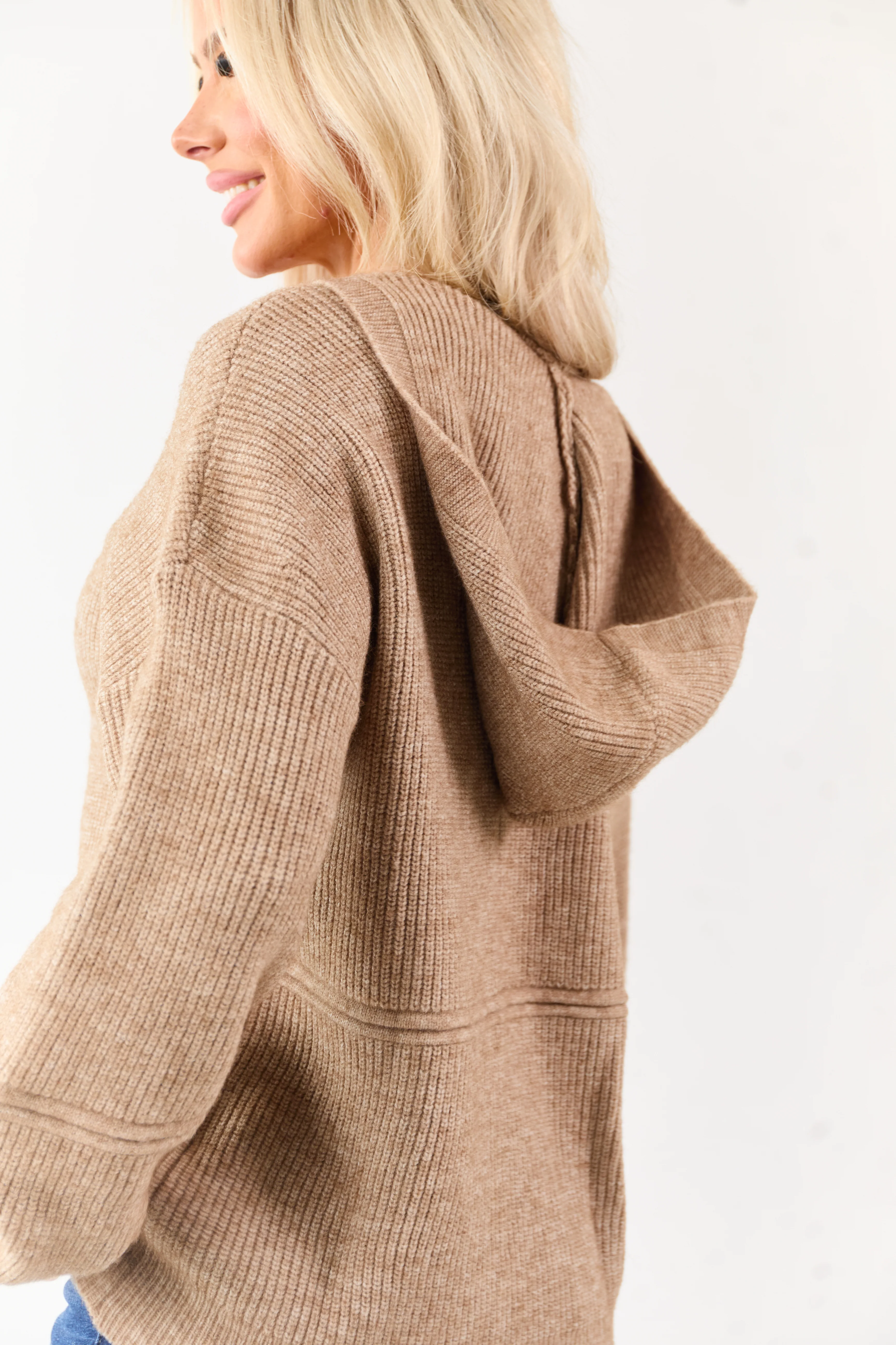 Camel Hooded Relaxed Rib Knit Sweater - Image 2