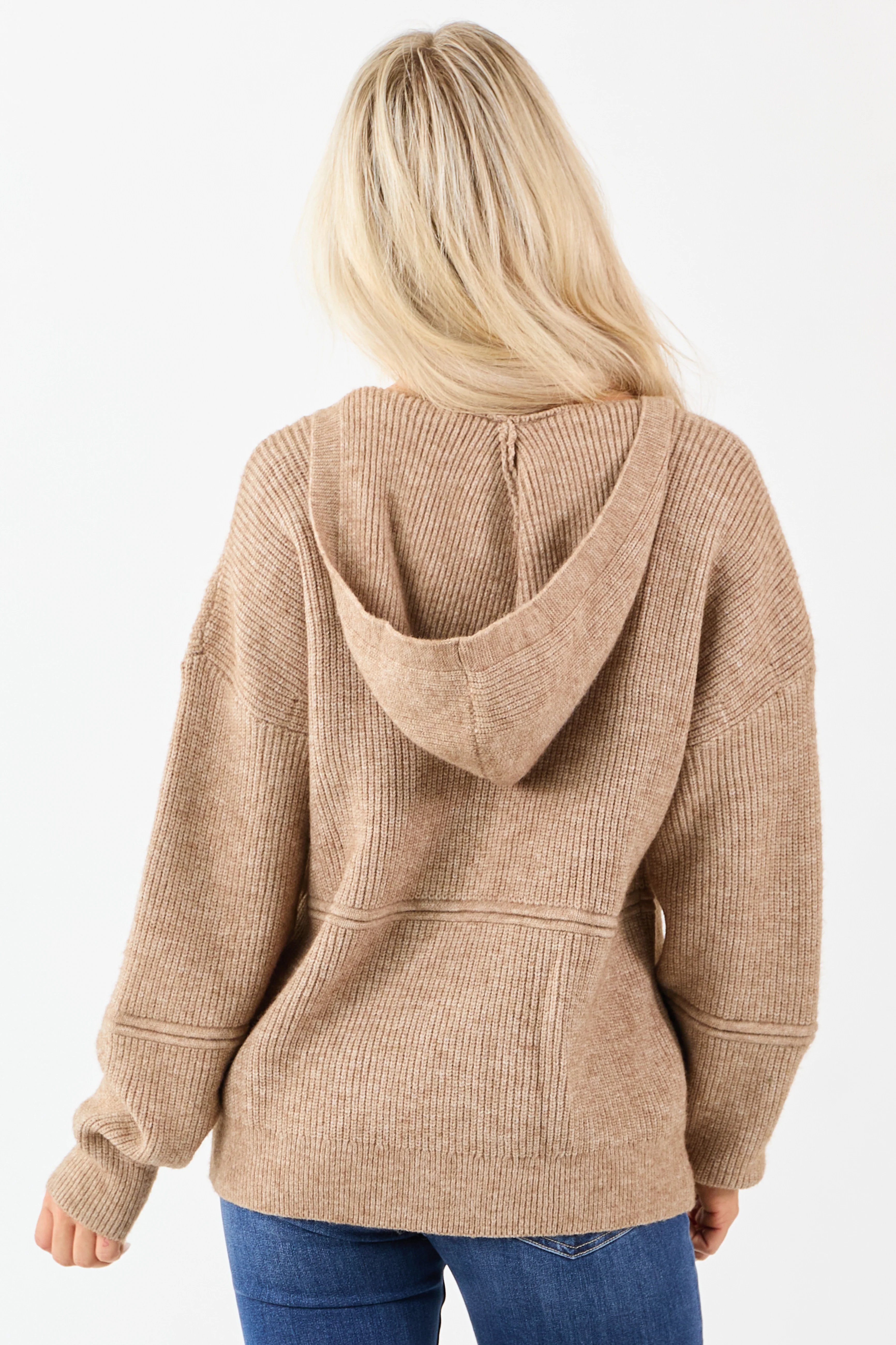 Camel Hooded Relaxed Rib Knit Sweater - Image 6