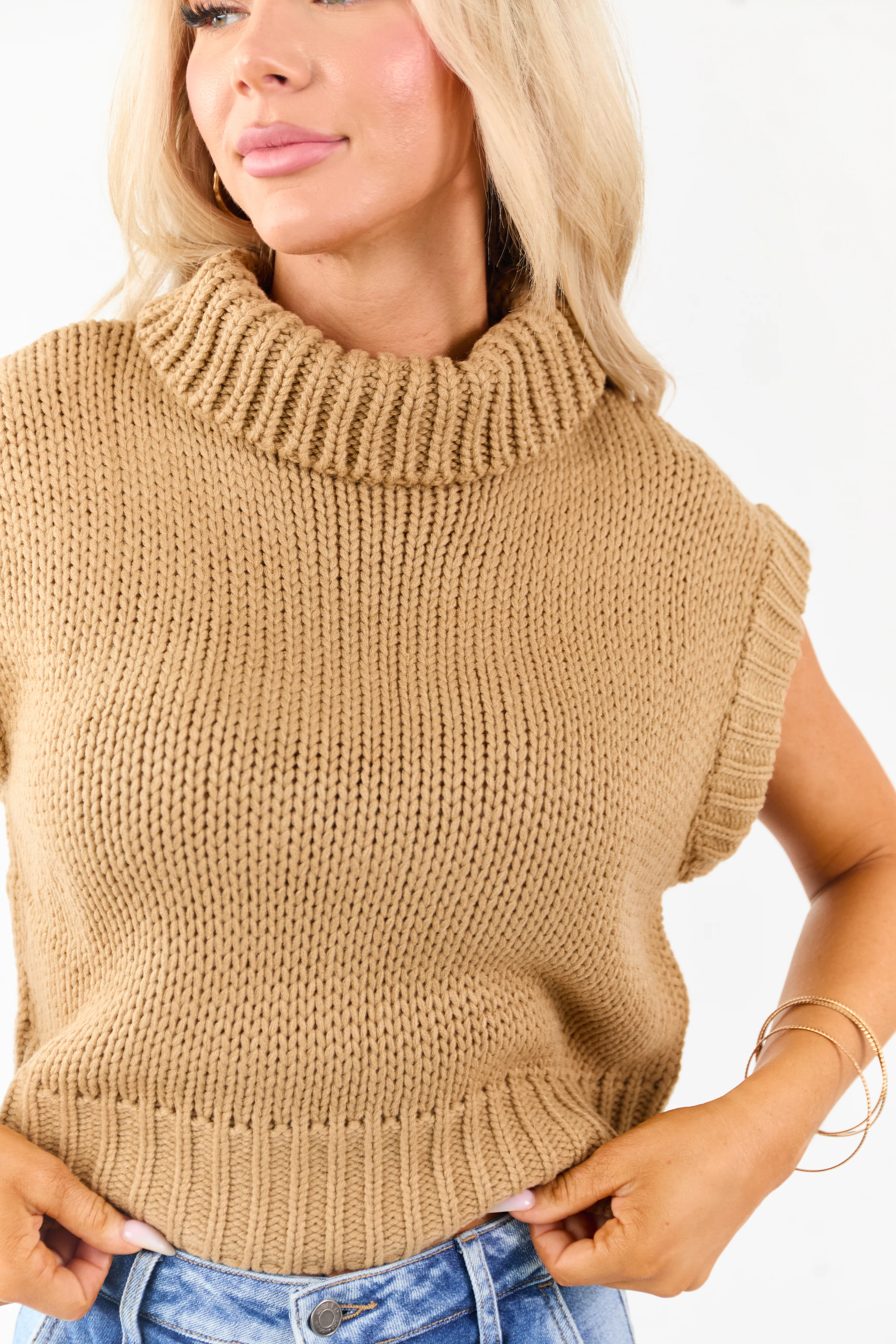 Camel Knit Turtleneck Cap Sleeve Sweater Top - Image 6