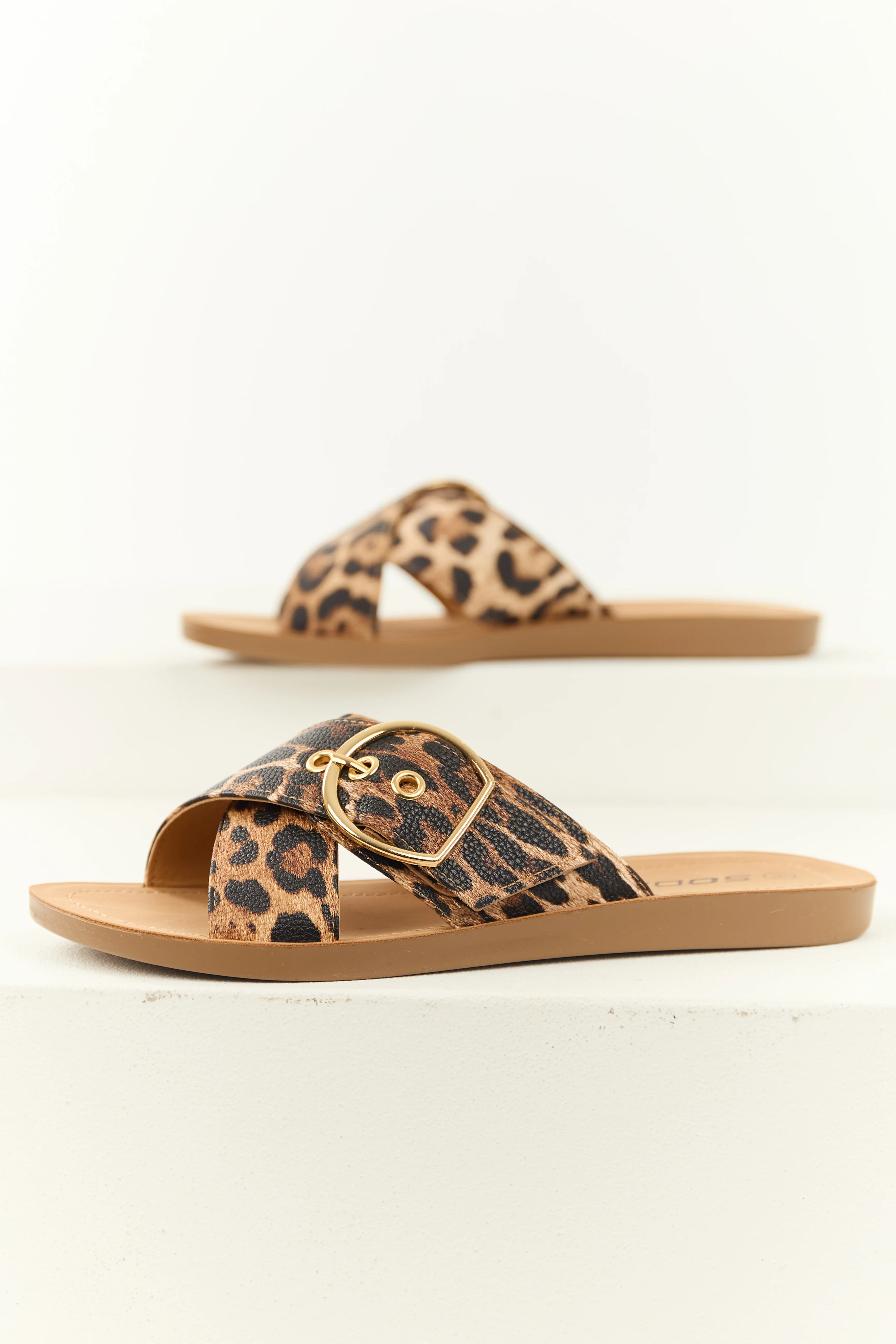 Camel Leopard Print Cross Strap Sandals - Image 2