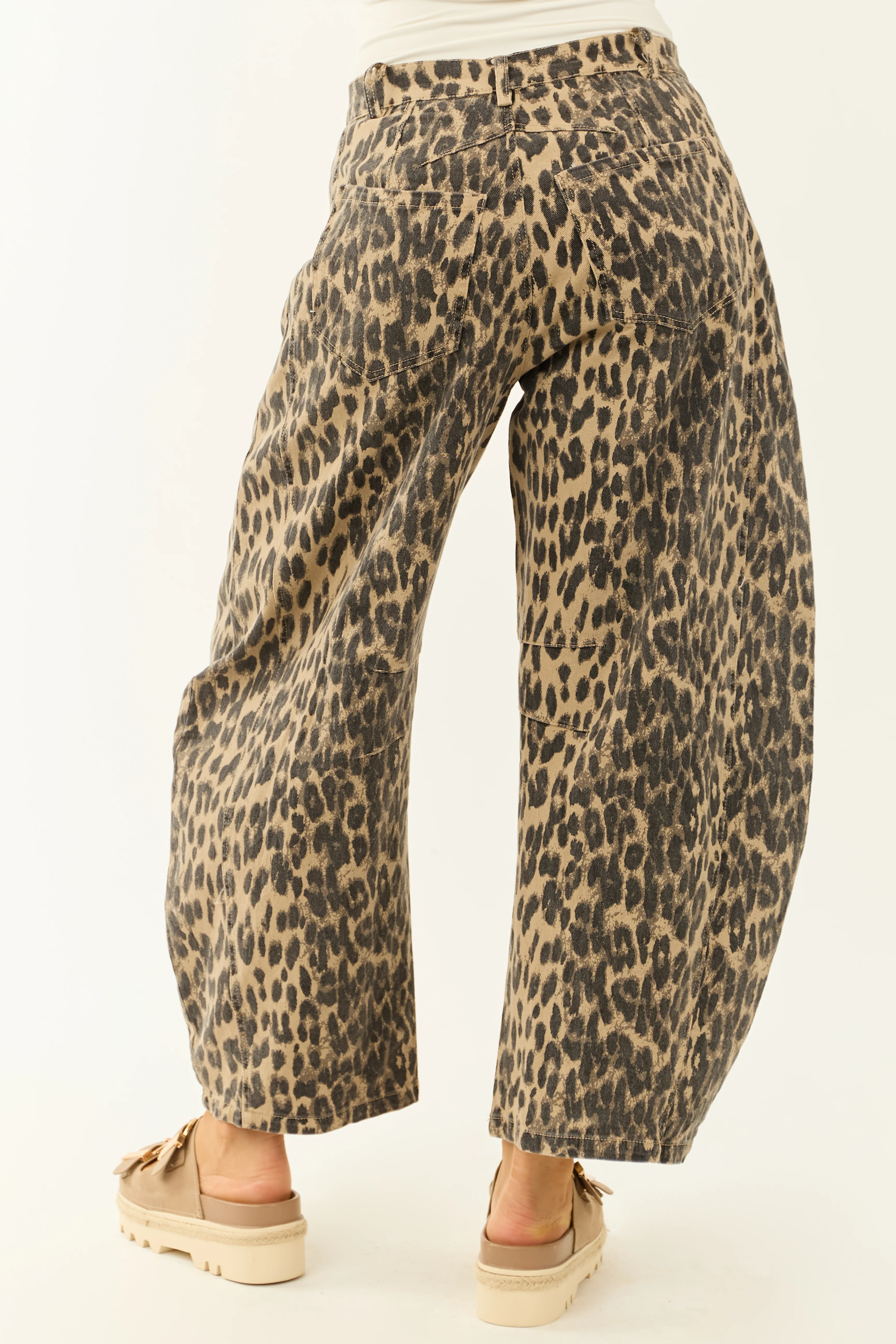 Camel Leopard Print High Rise Button Fly Barrel Jeans - Image 5