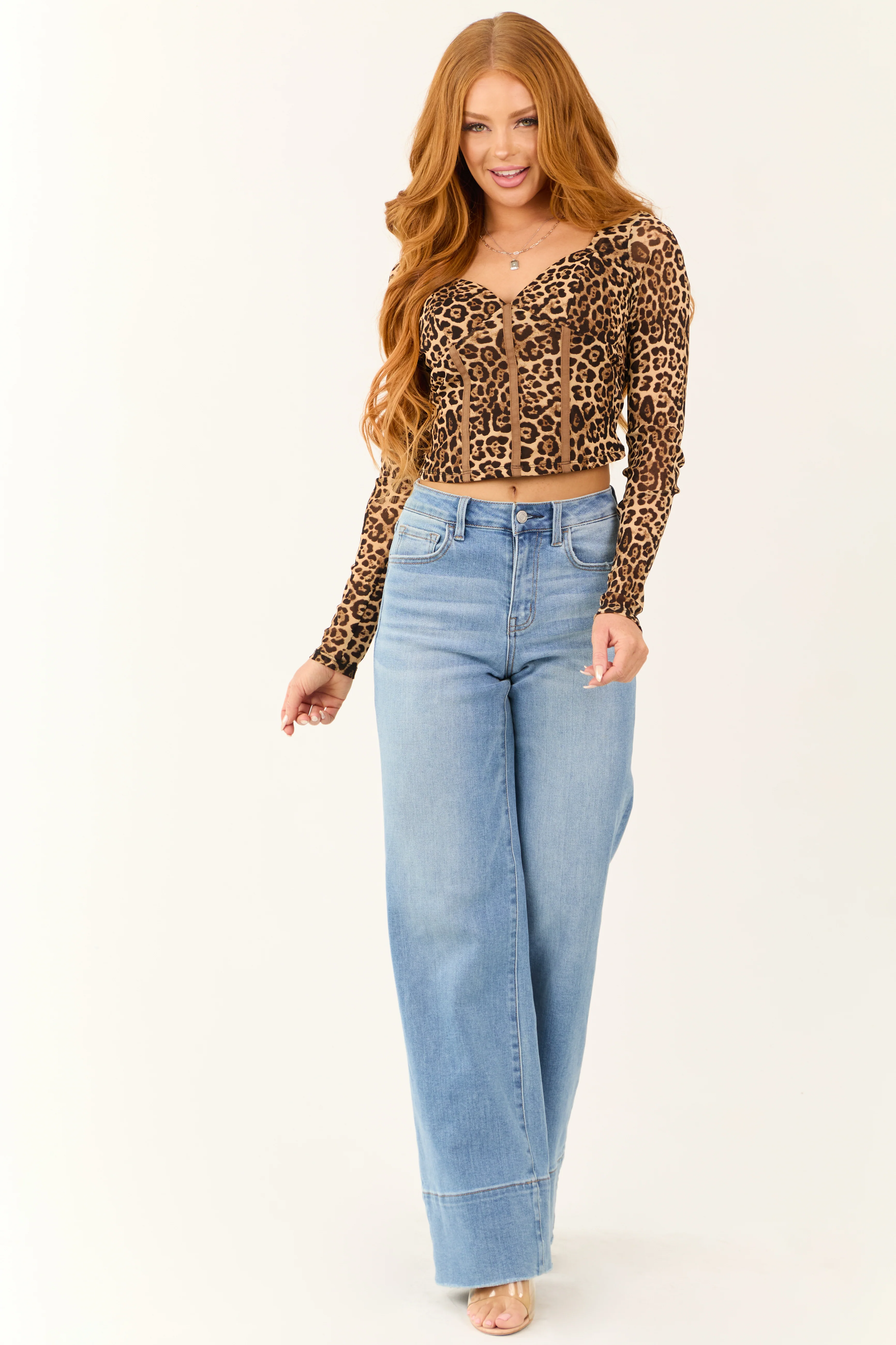 Camel Leopard Print Long Sleeve Corset Top - Image 2