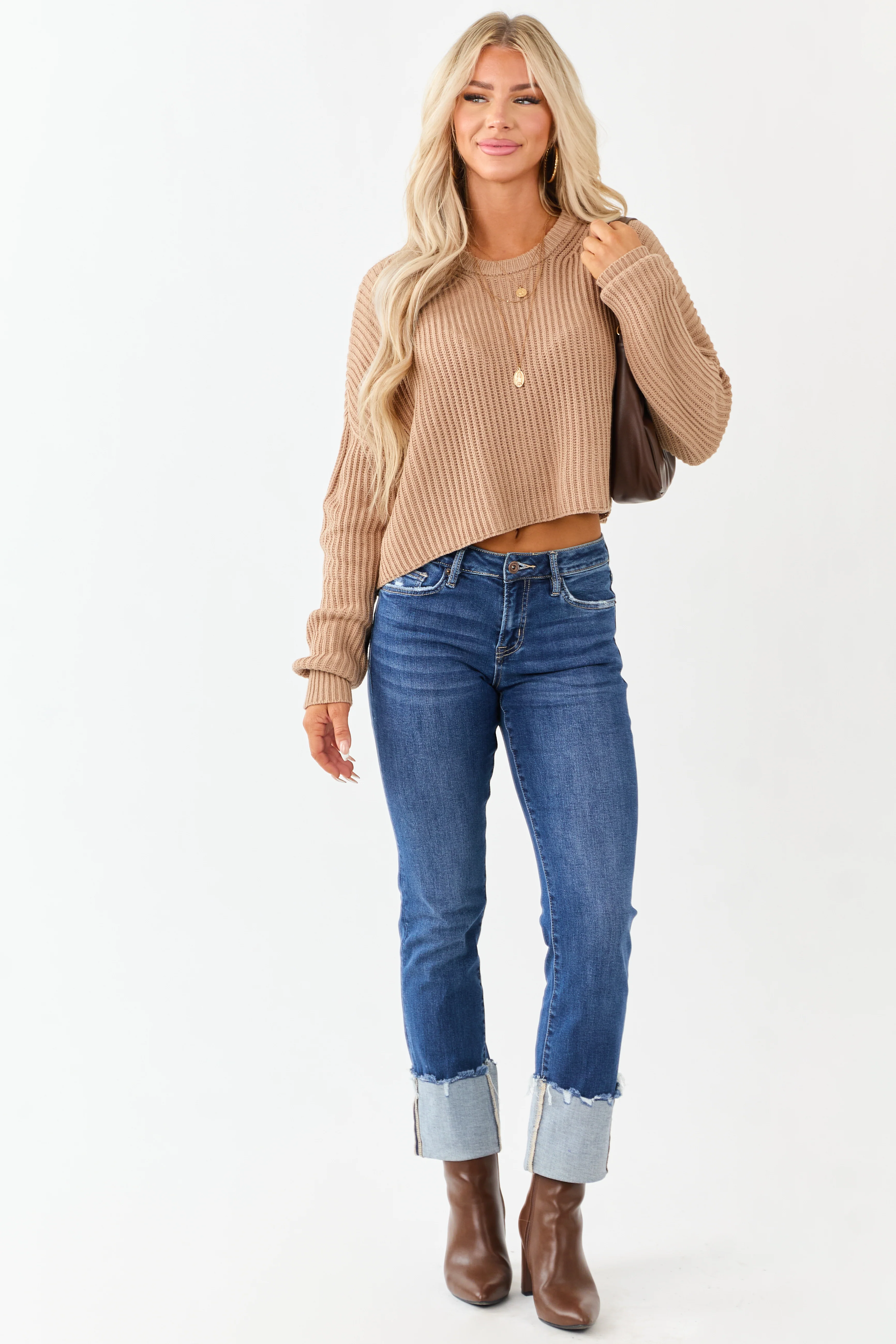 Camel Relaxed Rib Knit Crew Neck Cropped Sweater - Image 2