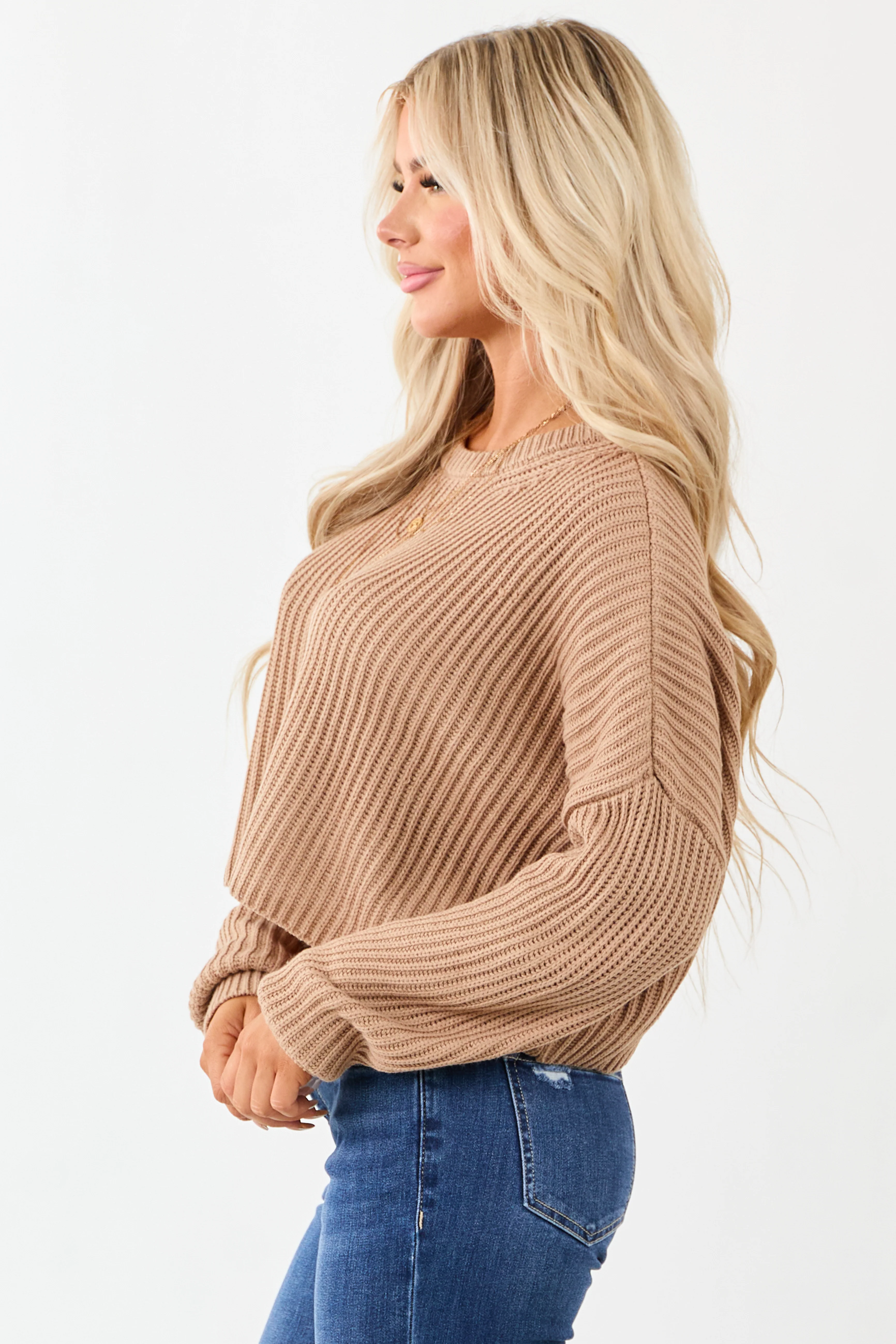 Camel Relaxed Rib Knit Crew Neck Cropped Sweater - Image 6