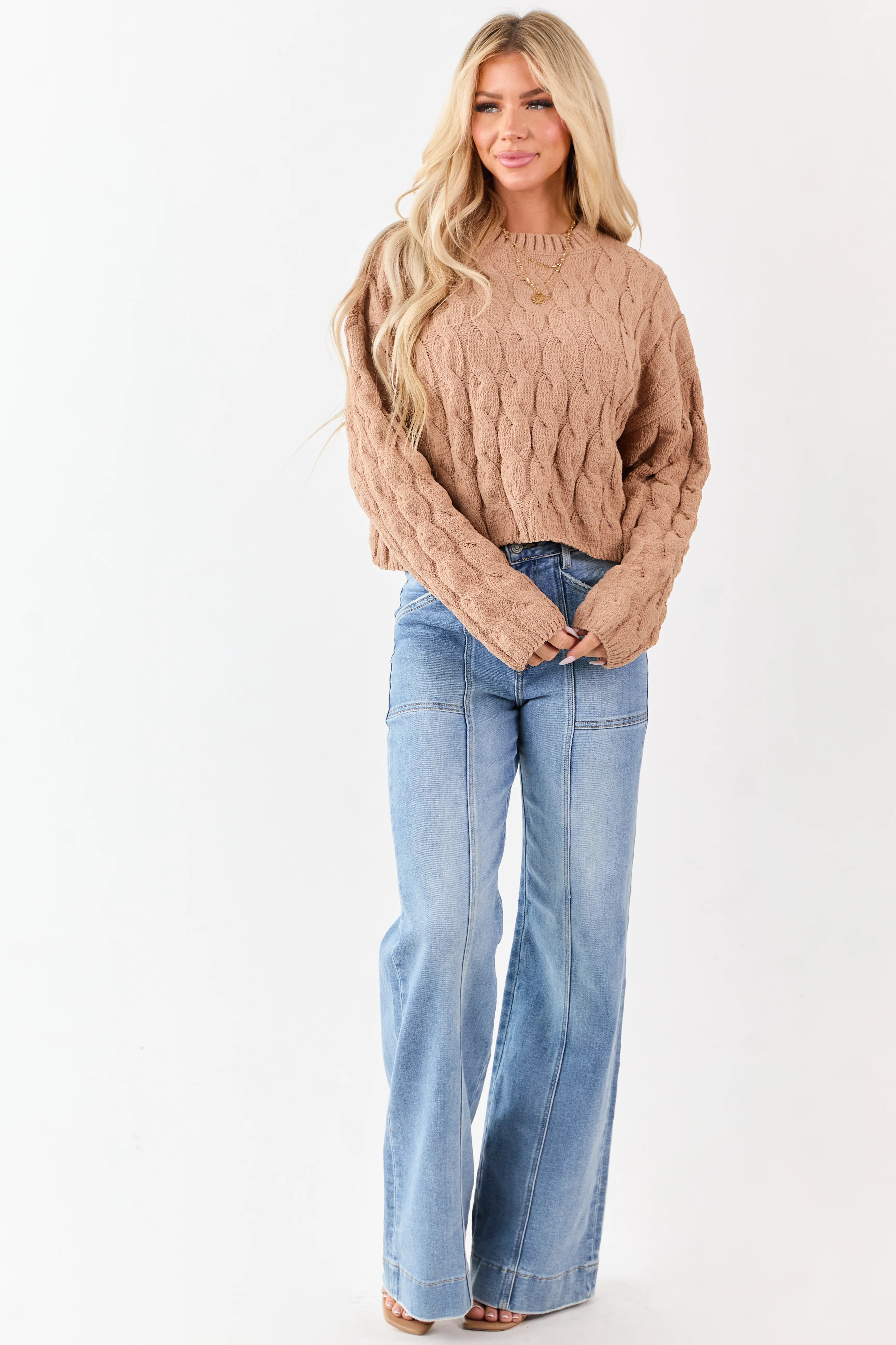 Camel Semi Cropped Chenille Cable Knit Sweater - Image 2