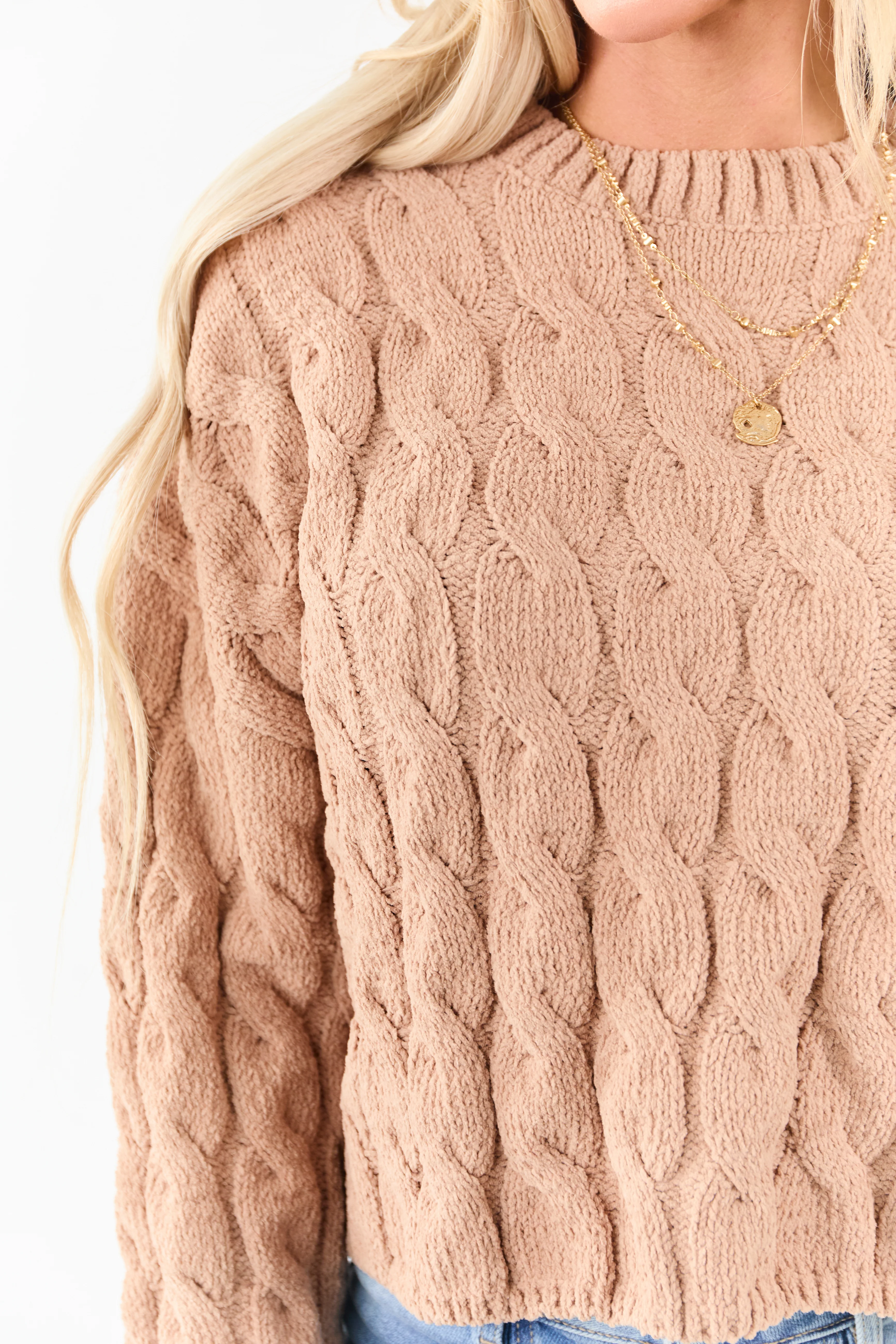 Camel Semi Cropped Chenille Cable Knit Sweater - Image 3