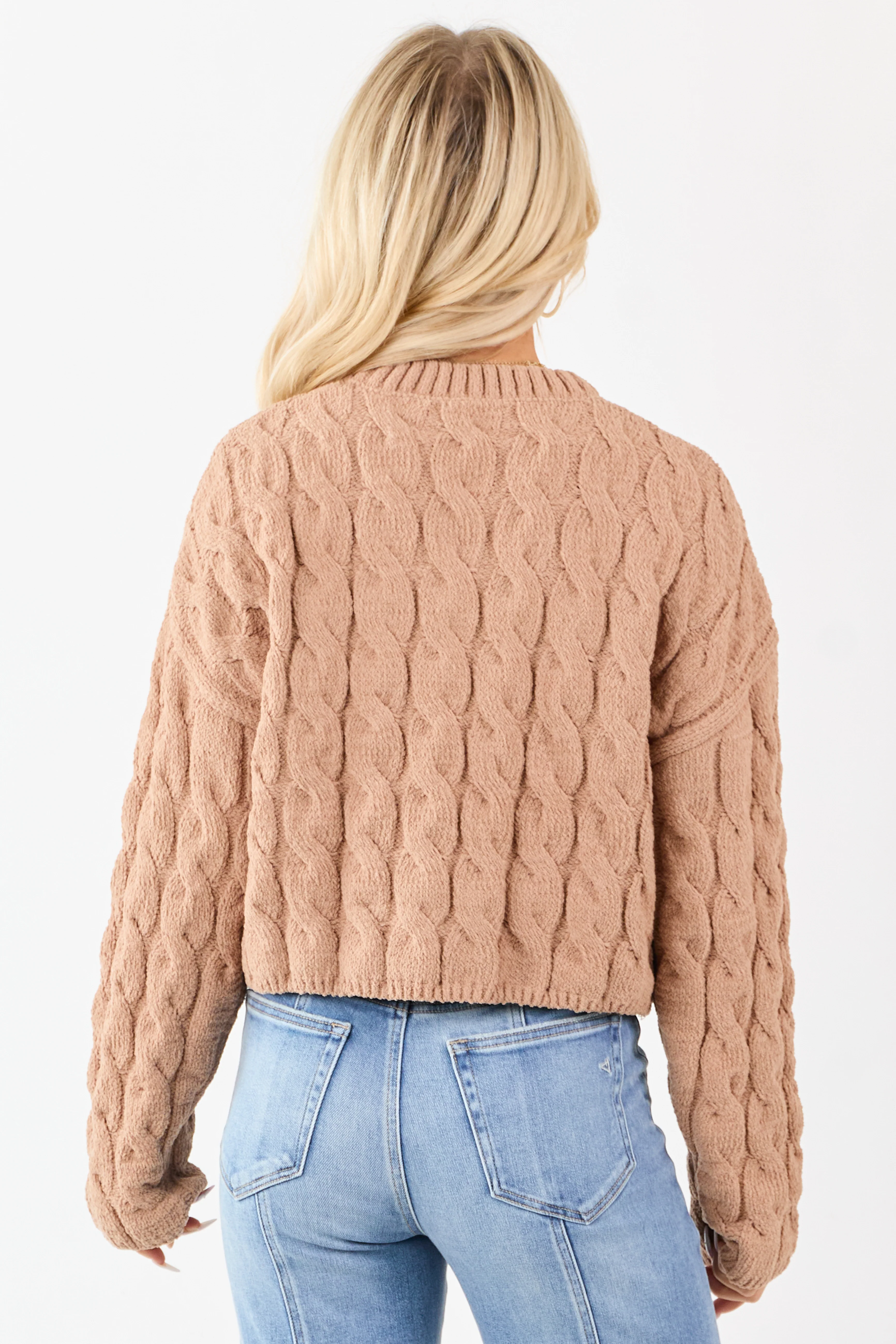 Camel Semi Cropped Chenille Cable Knit Sweater - Image 5
