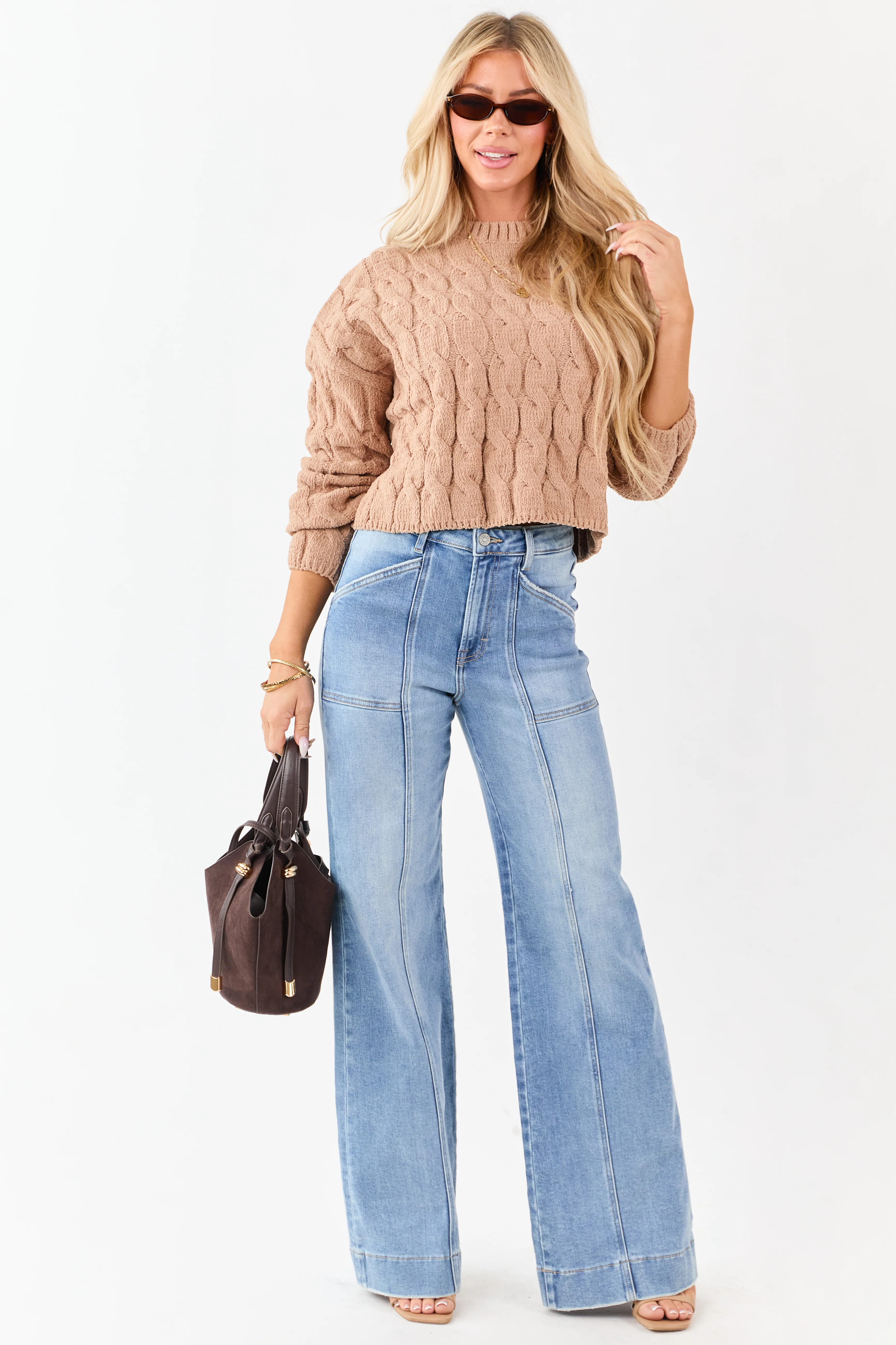 Camel Semi Cropped Chenille Cable Knit Sweater - Image 6