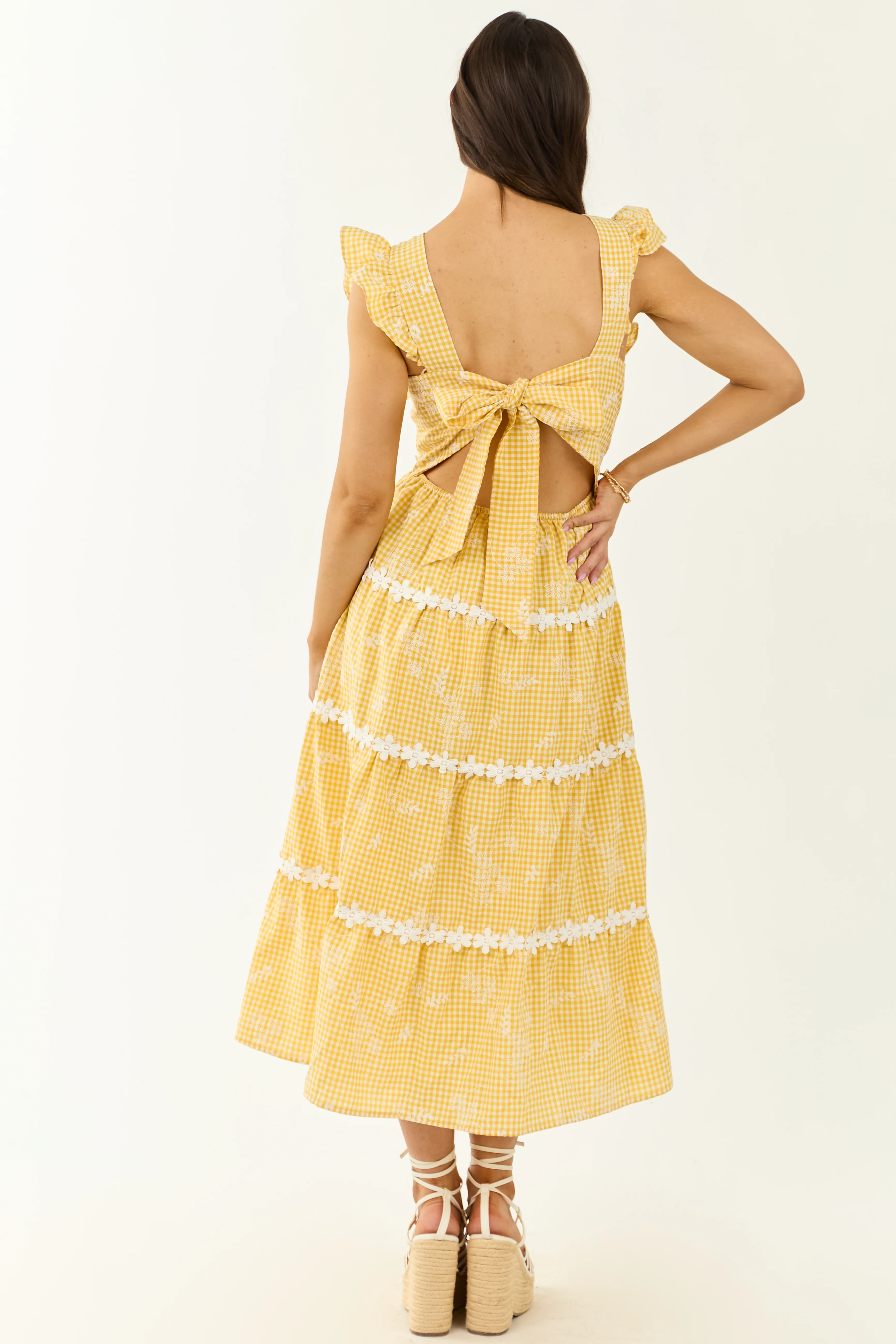 Canary Yellow Gingham Floral Embroidery Midi Dress - Image 6