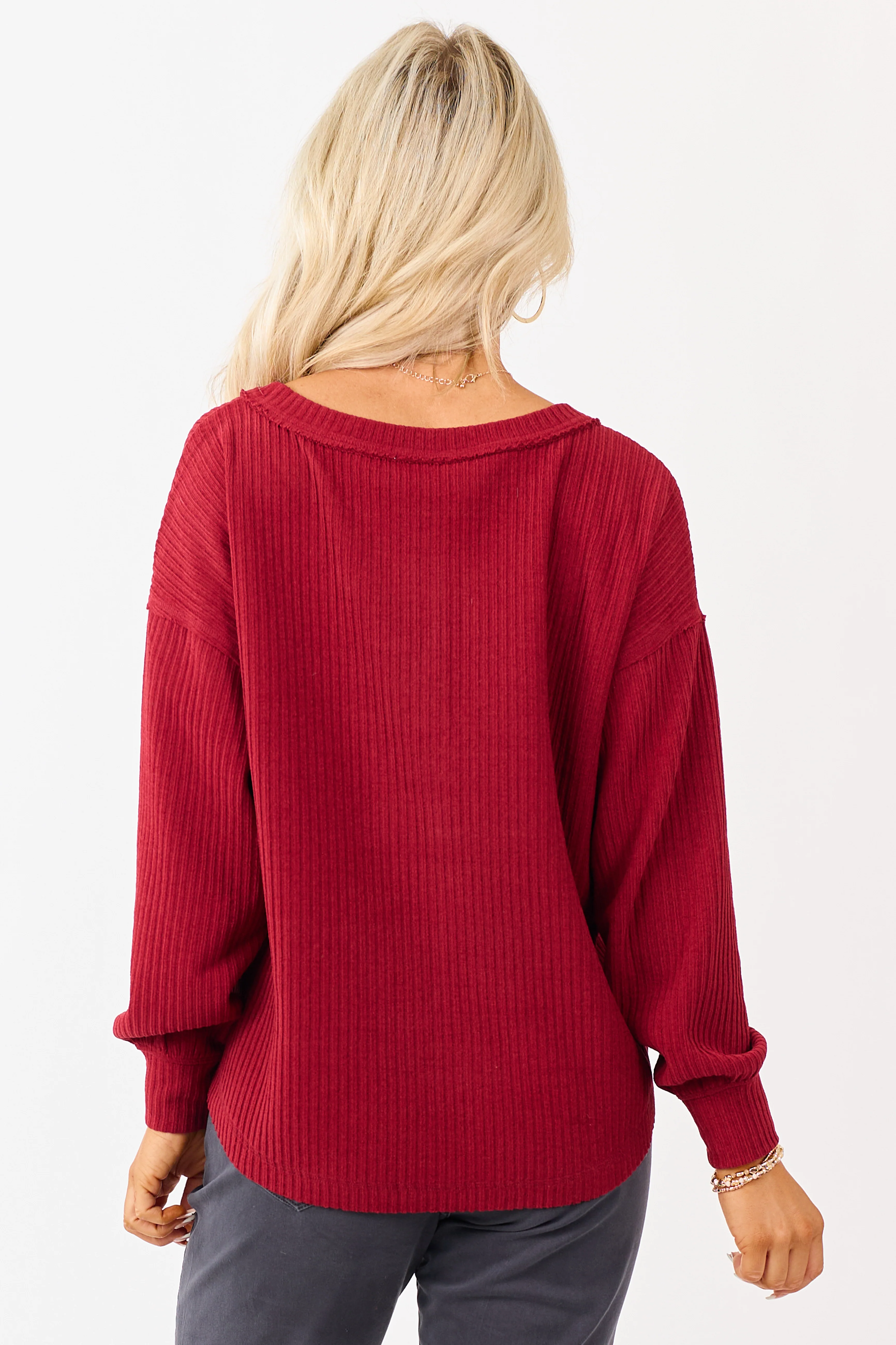 Candy Apple Red Long Sleeve Knit Henley Top - Image 6