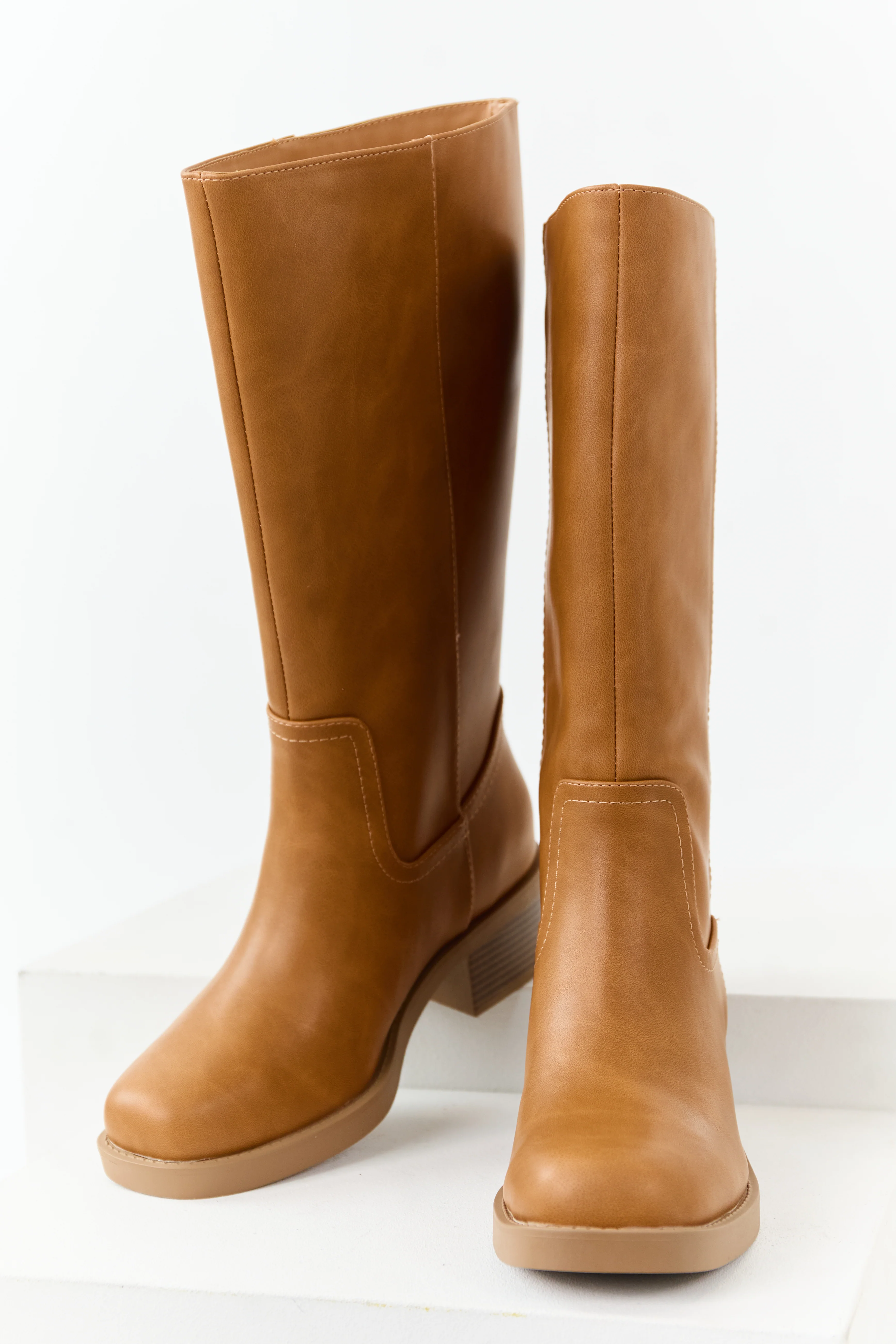 Caramel Faux Leather Block Heel Tall Riding Boots - Image 2