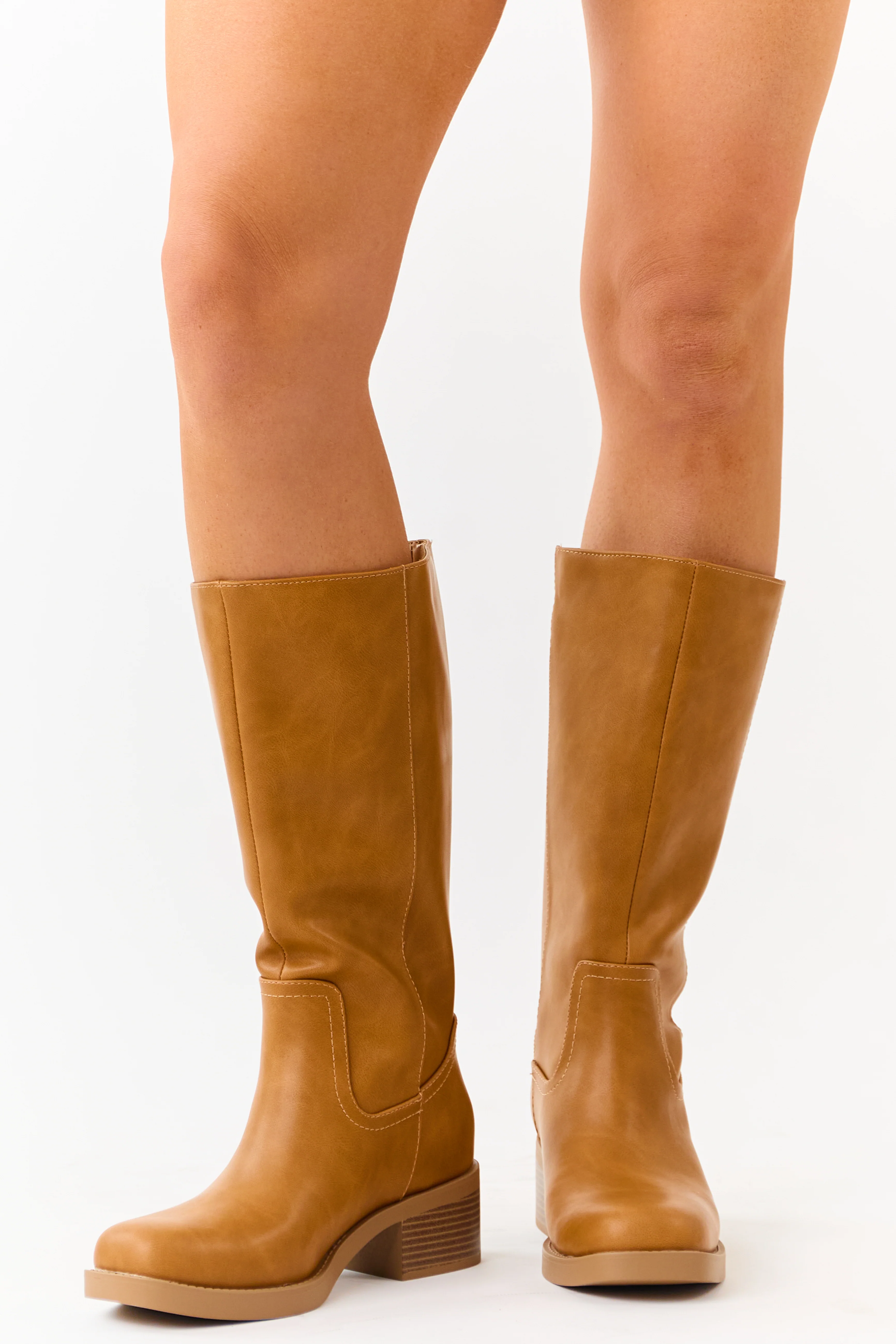 Caramel Faux Leather Block Heel Tall Riding Boots - Image 4