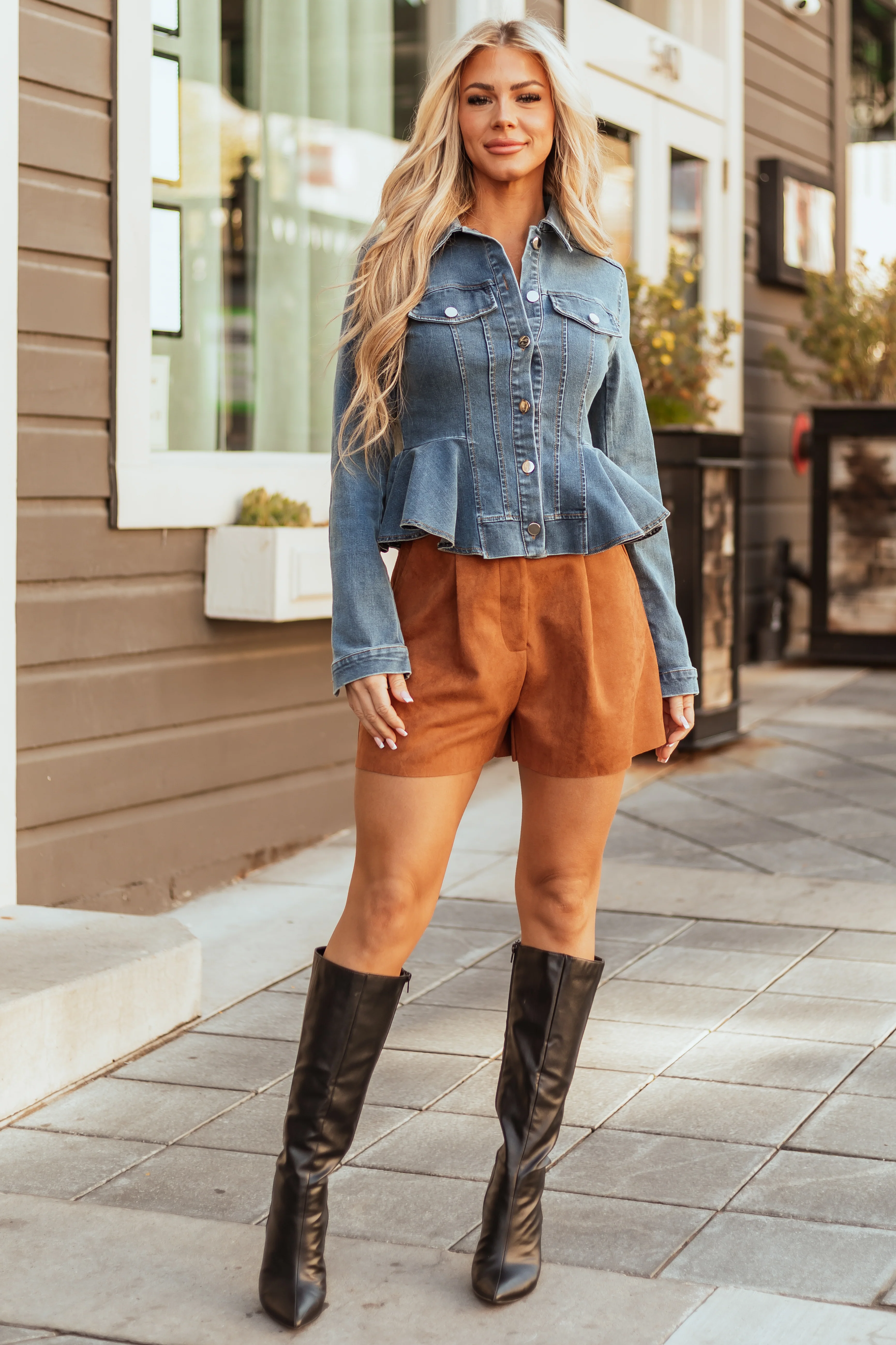 Caramel Faux Suede Raw Hem High Rise Shorts - Image 2