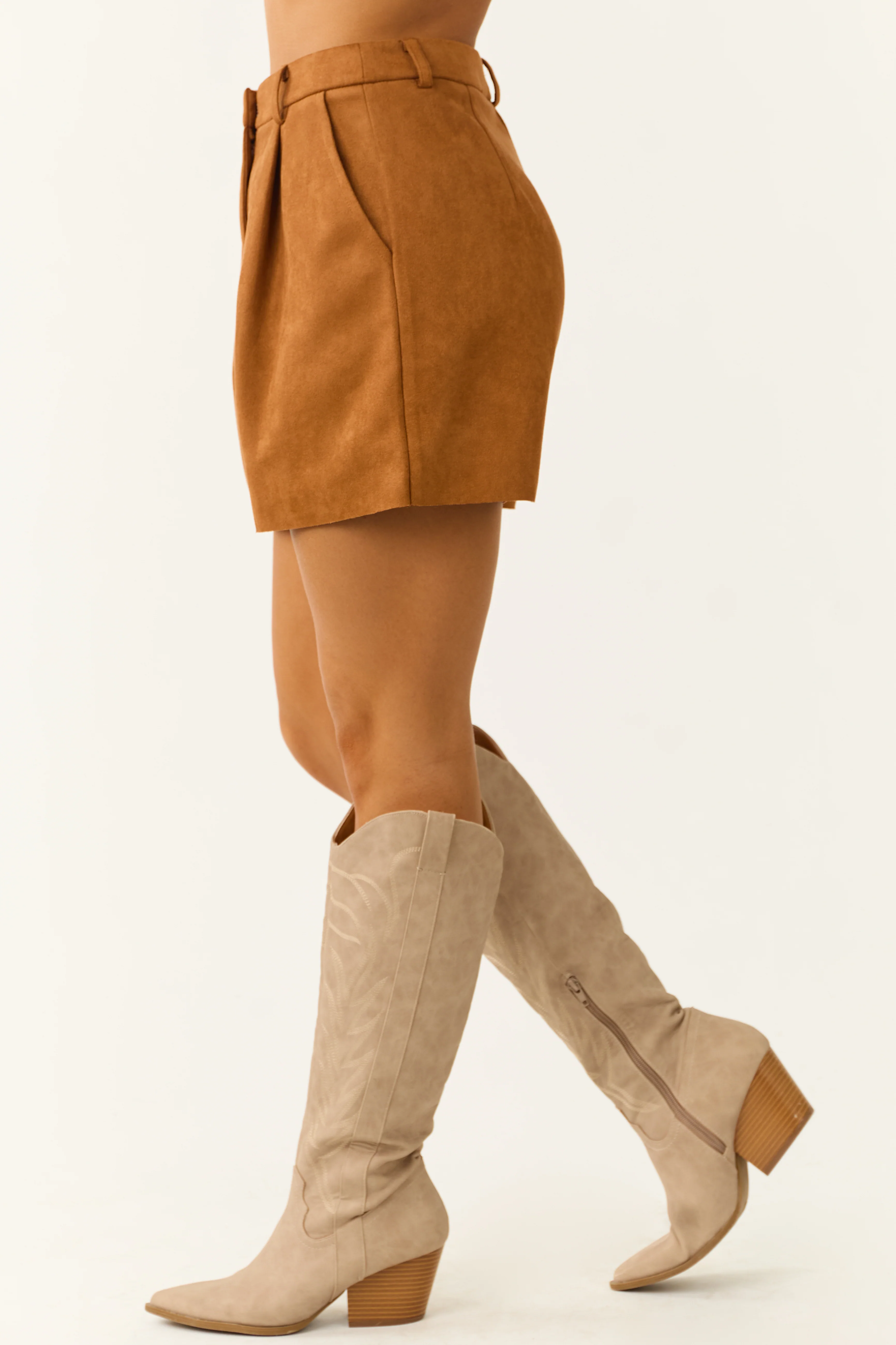 Caramel Faux Suede Raw Hem High Rise Shorts - Image 4