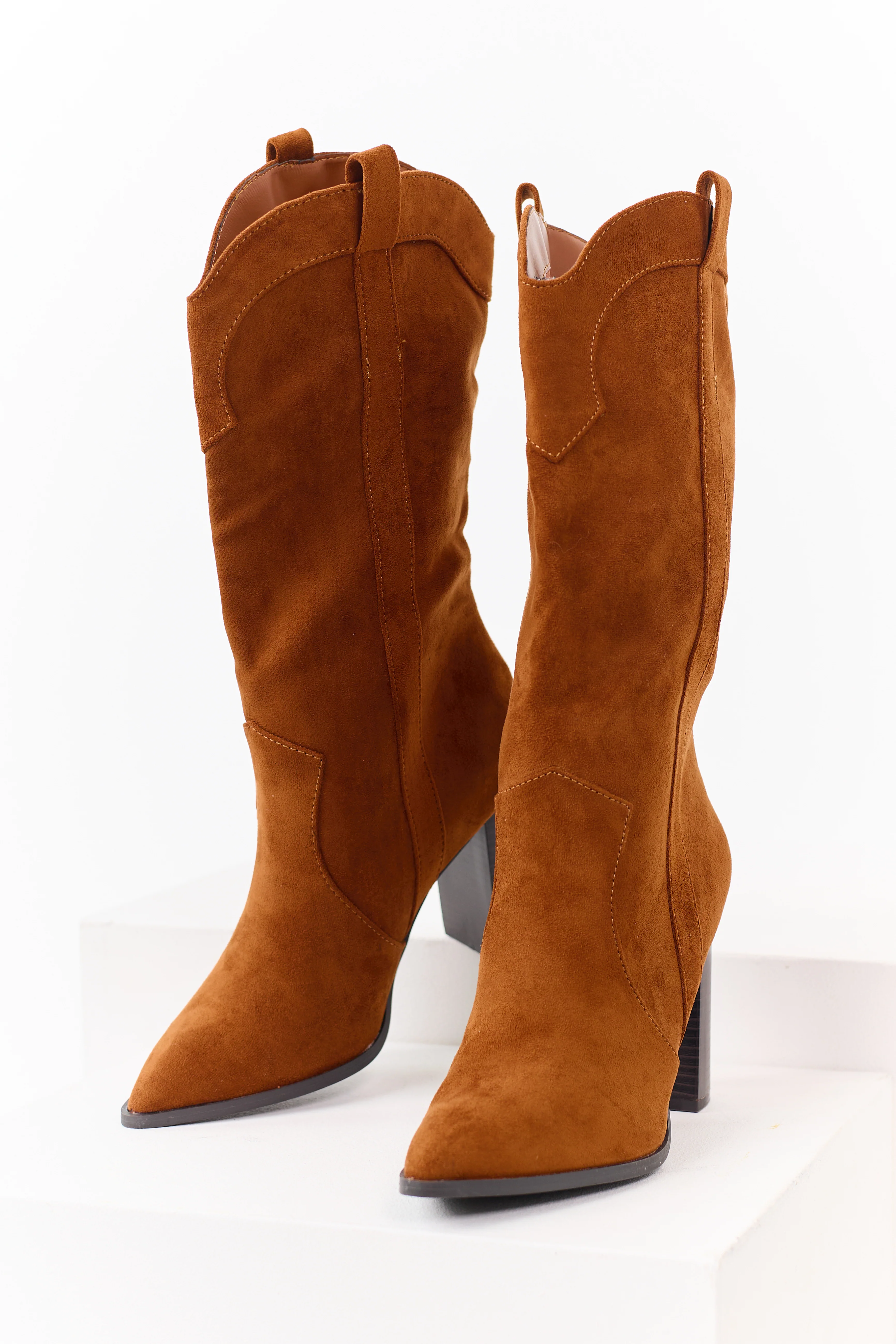 Caramel Faux Suede Western Block Heel Tall Boots - Image 2