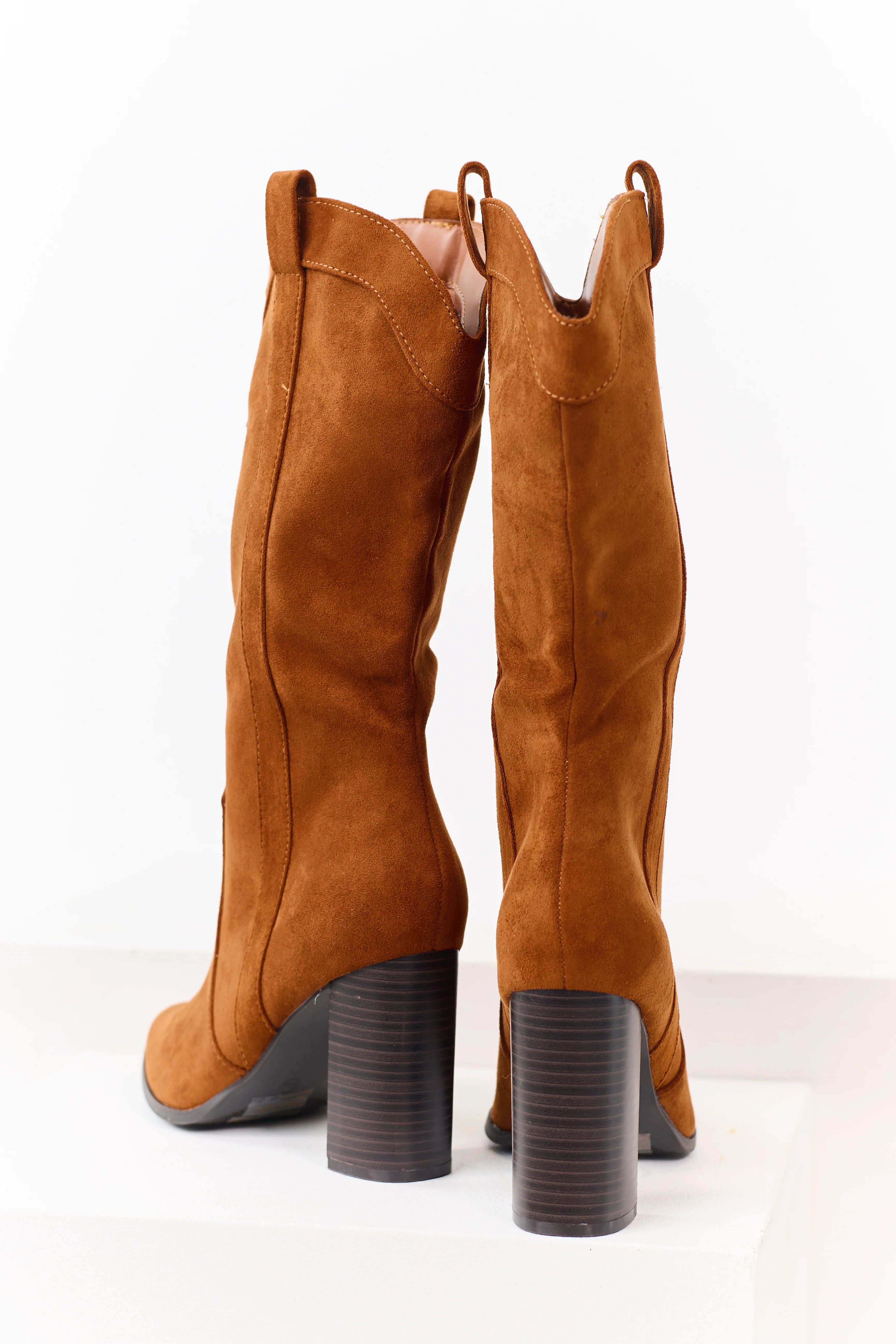 Caramel Faux Suede Western Block Heel Tall Boots - Image 3