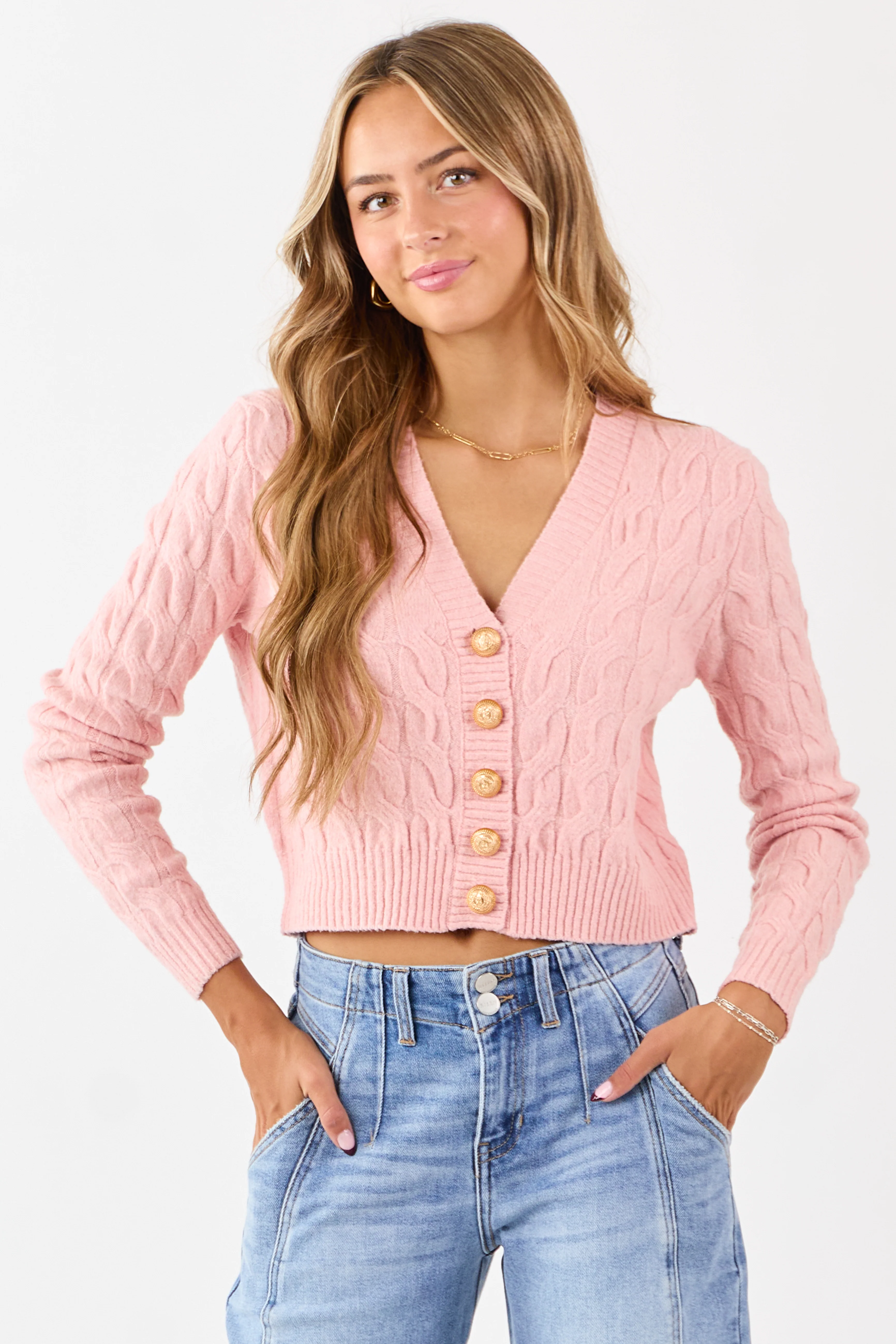 Carnation Button Down Cable Knit Sweater Cardigan