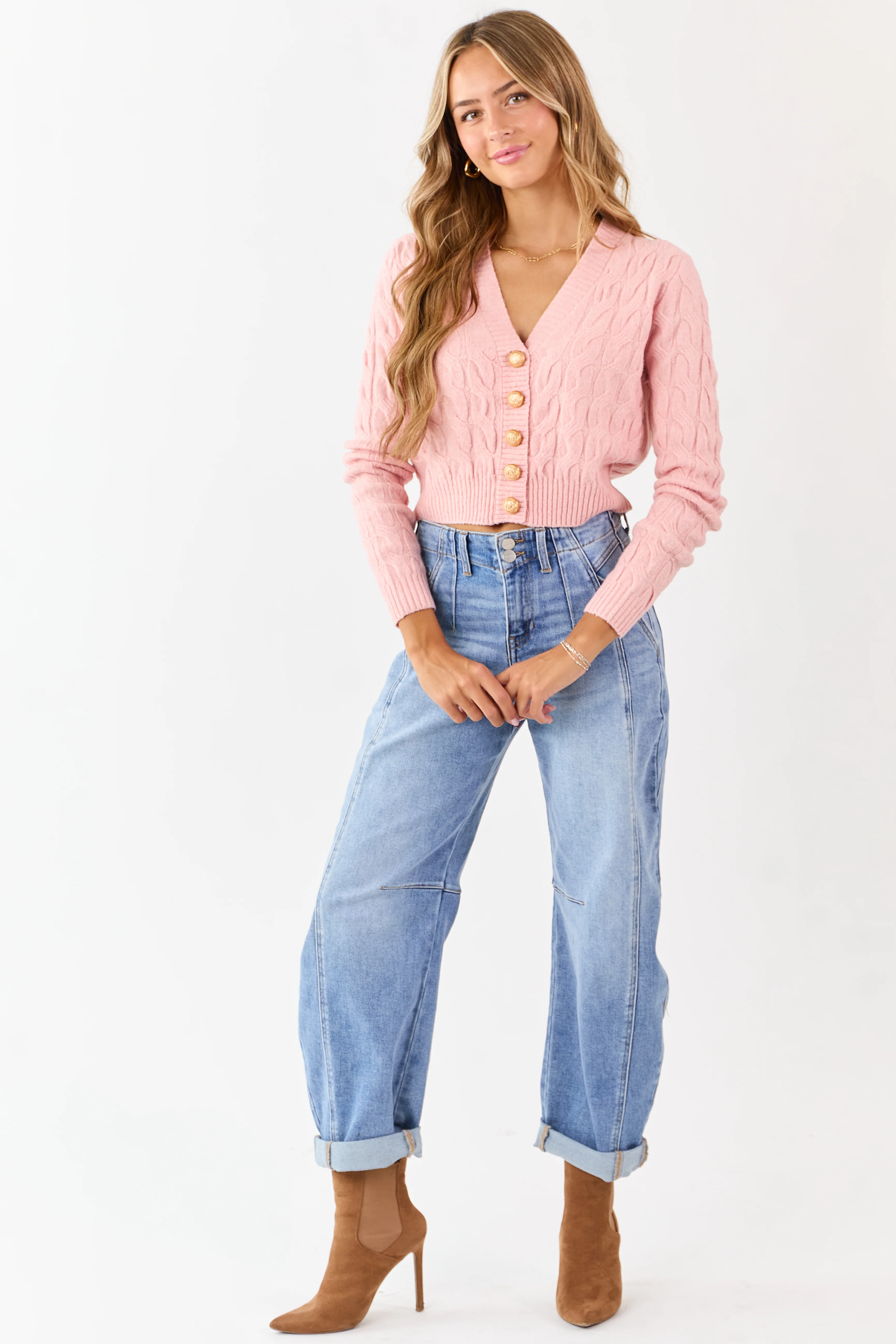 Carnation Button Down Cable Knit Sweater Cardigan - Image 2