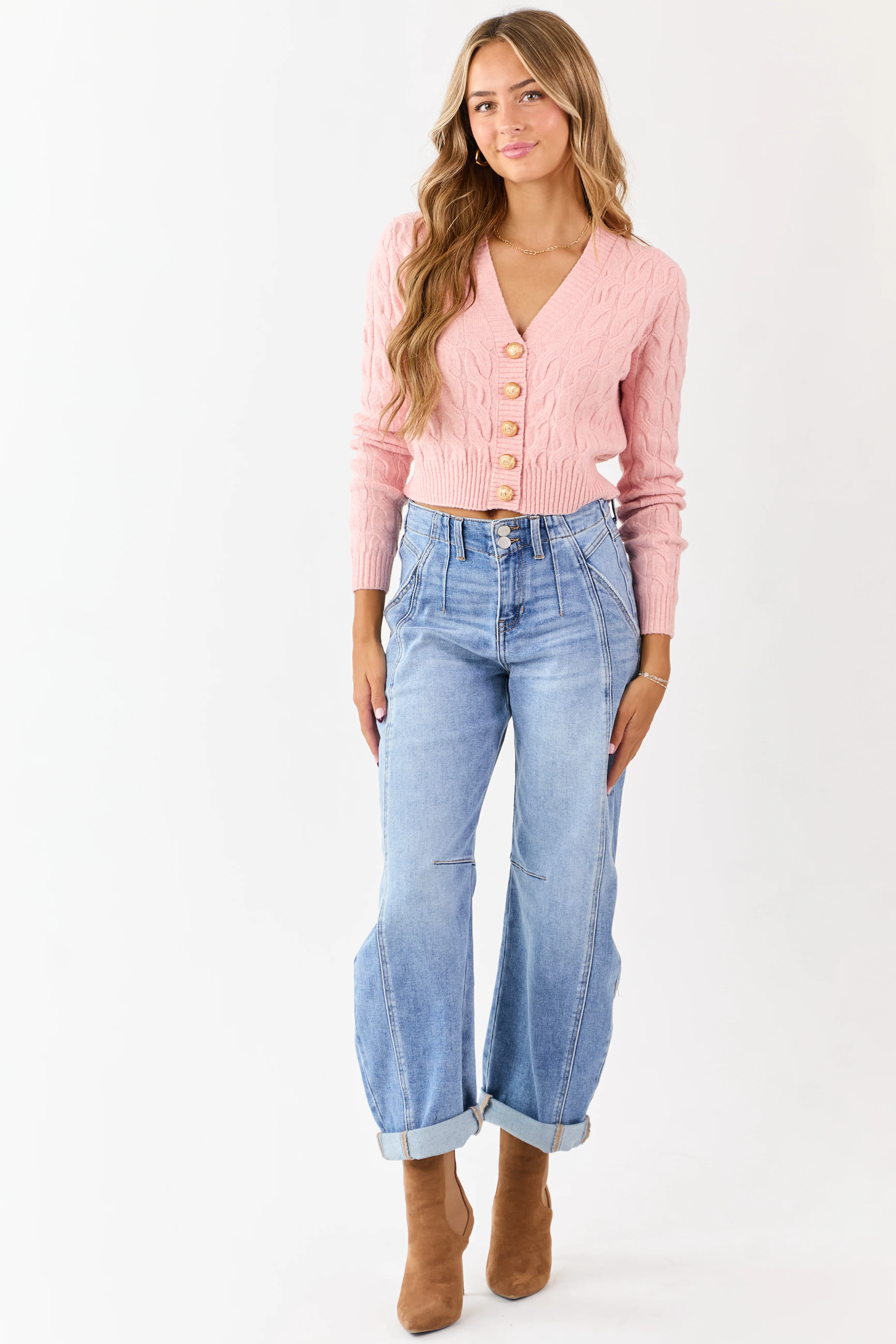 Carnation Button Down Cable Knit Sweater Cardigan - Image 4