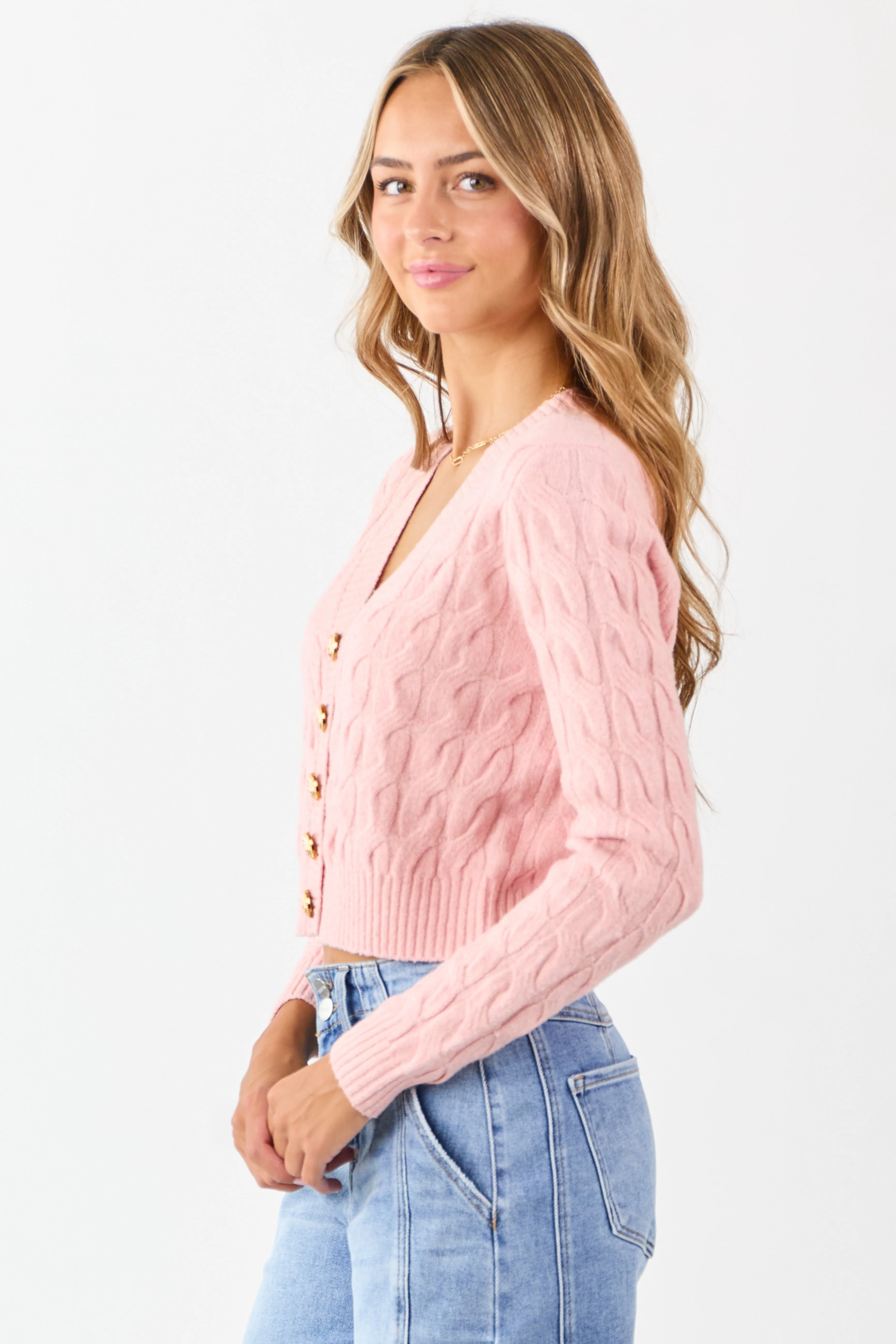 Carnation Button Down Cable Knit Sweater Cardigan - Image 5