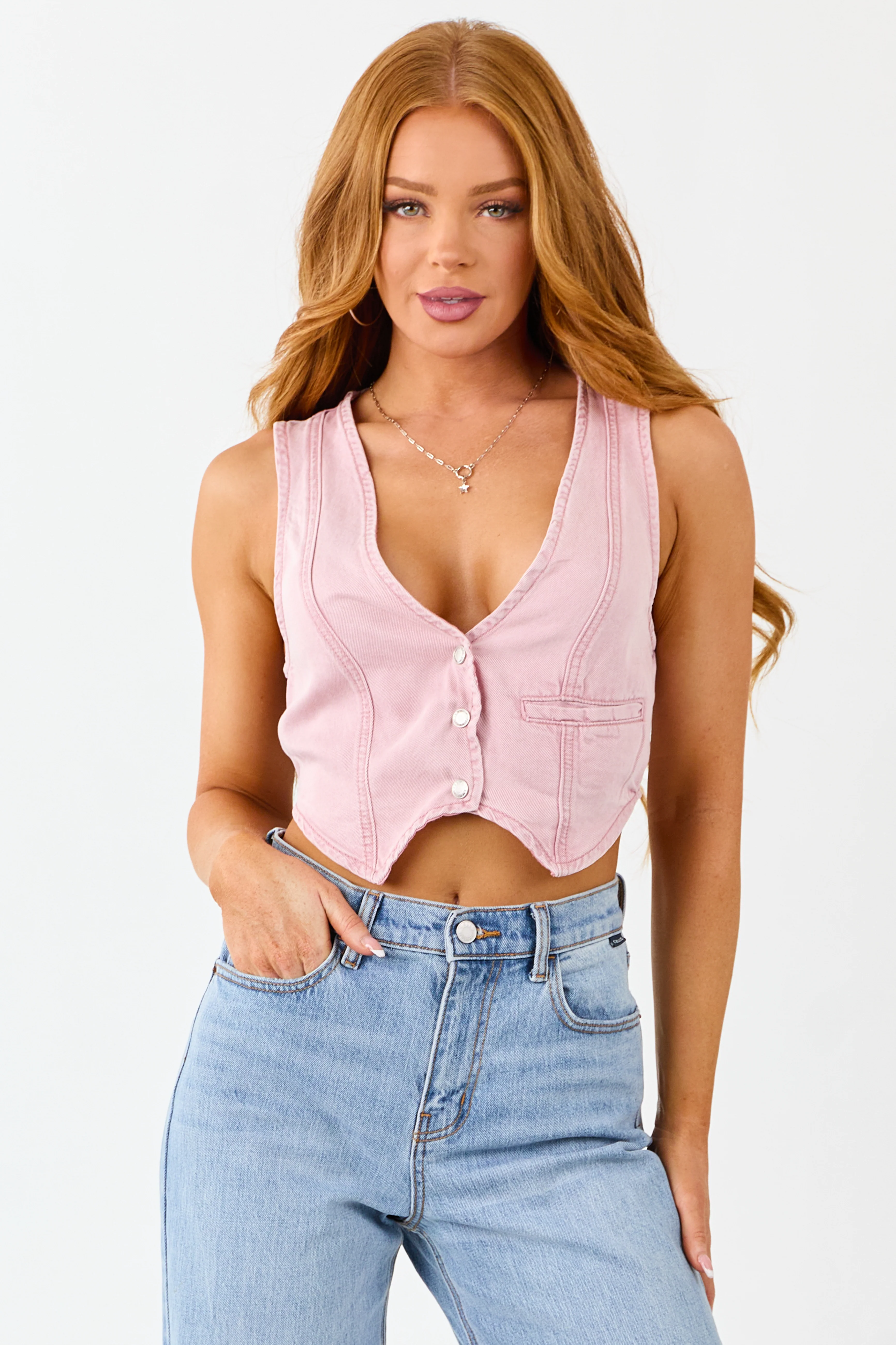 Carnation Button Down Lightweight Denim Crop Vest