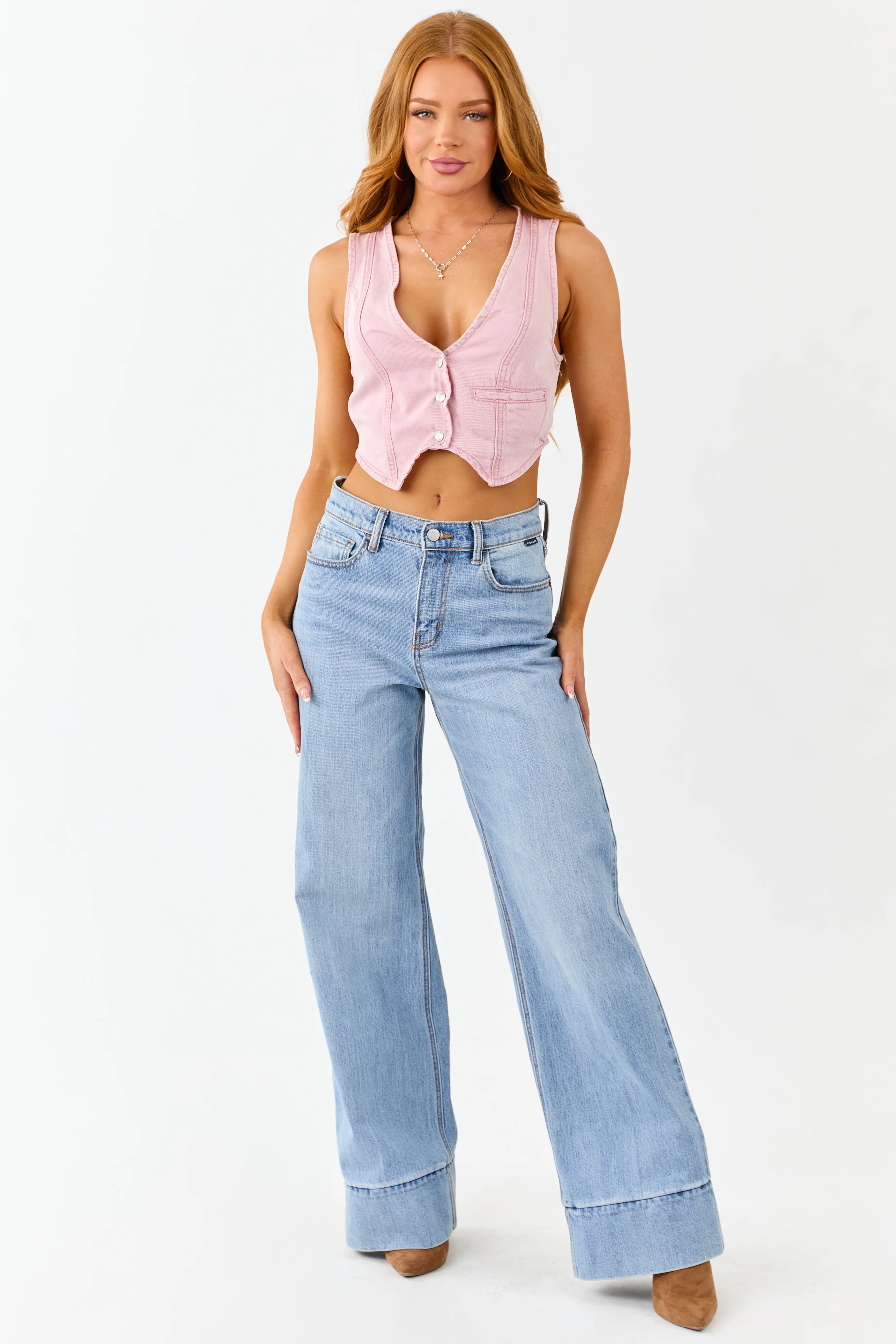 Carnation Button Down Lightweight Denim Crop Vest - Image 2