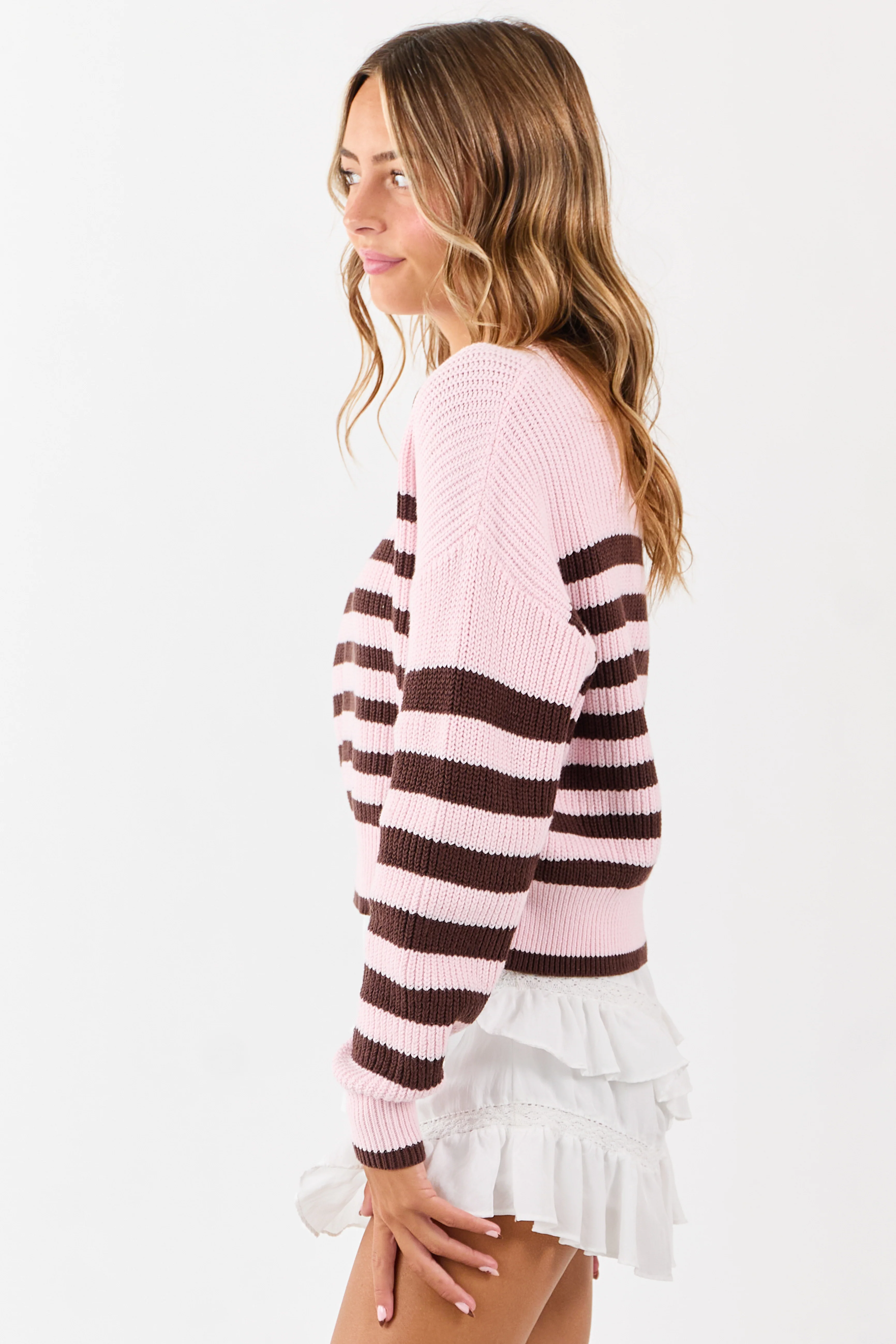 Carnation and Chocolate Striped Cotton Sweater - Image 6