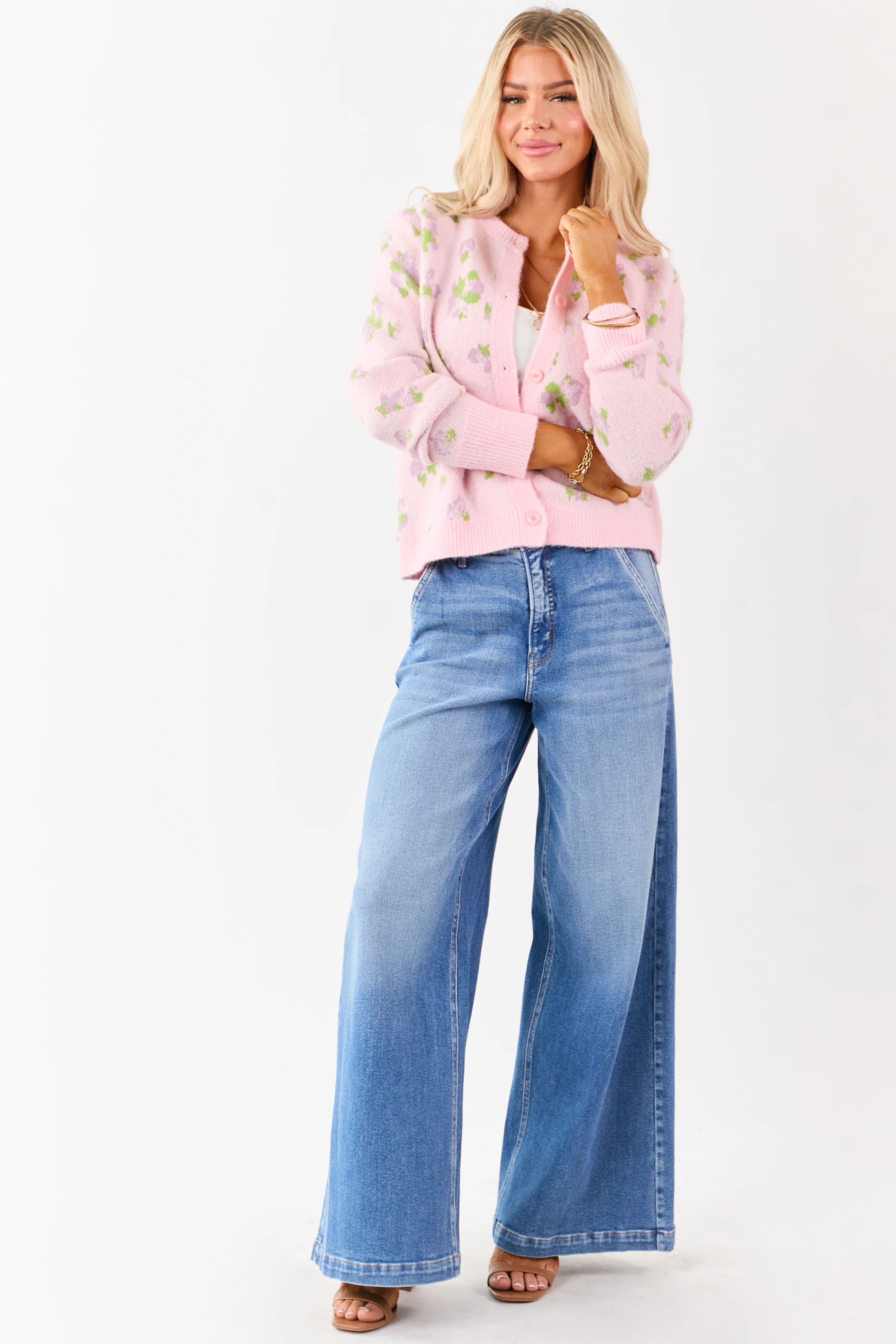 Carnation Floral Button Up Wool Blend Knit Cardigan - Image 3