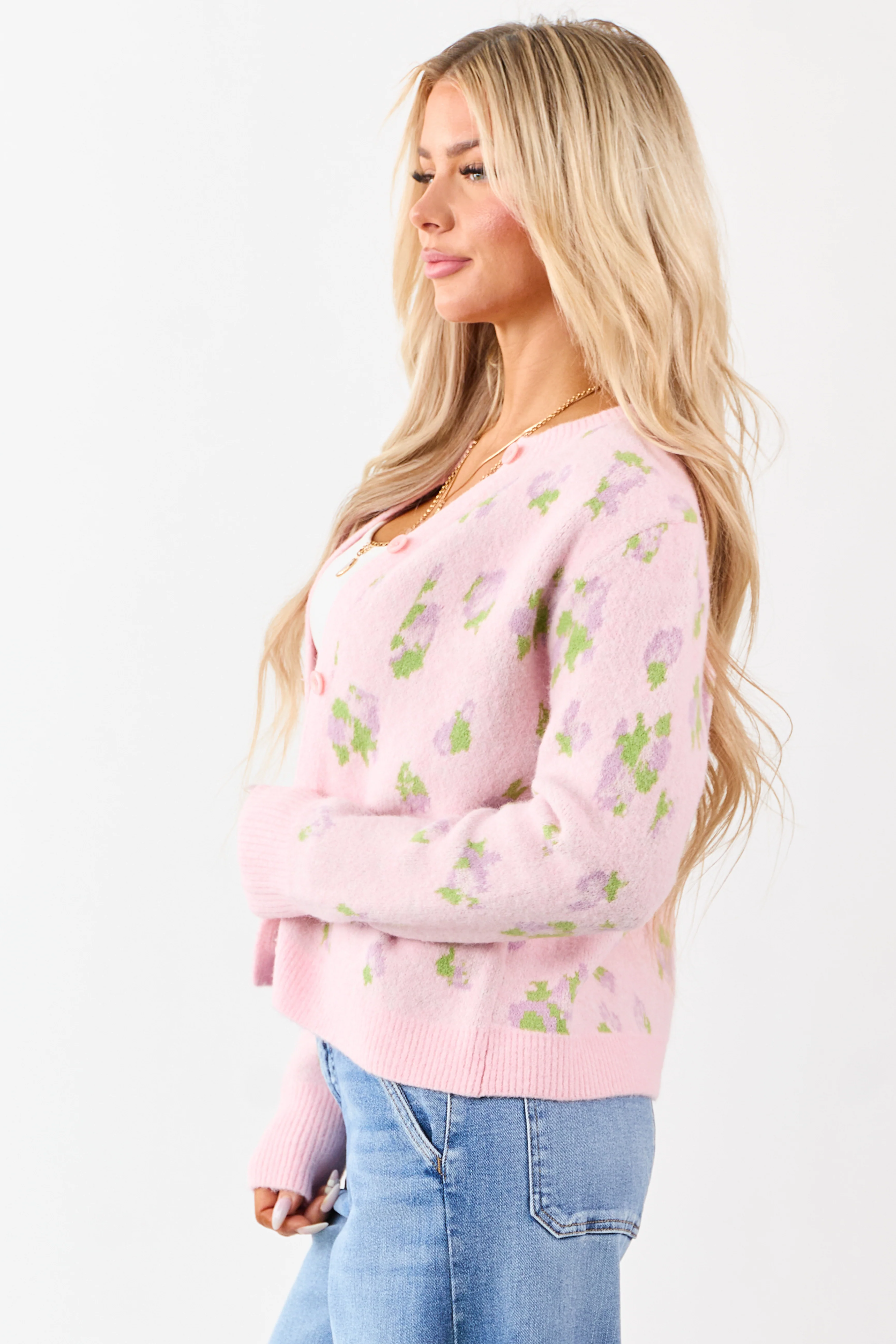 Carnation Floral Button Up Wool Blend Knit Cardigan - Image 4