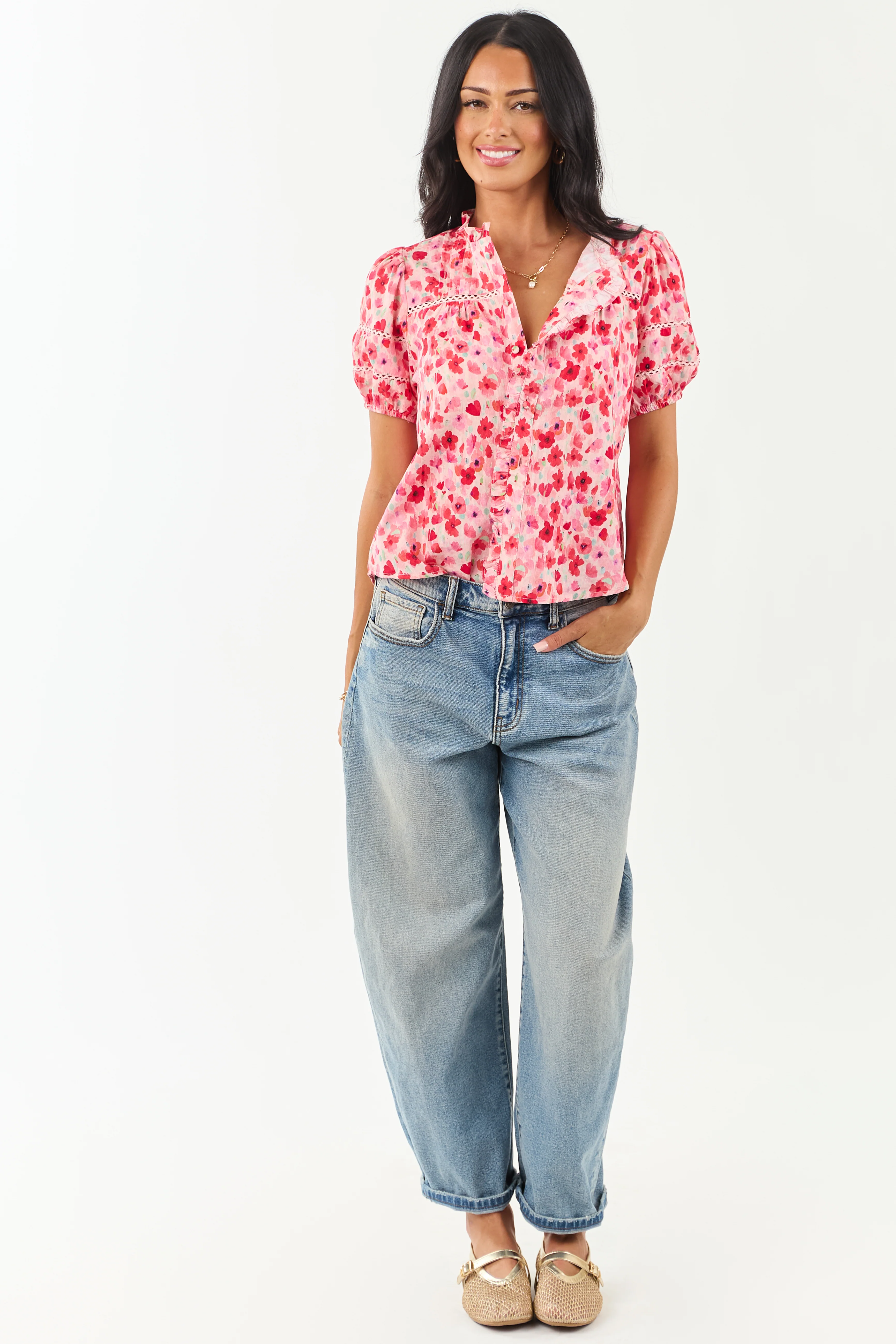 Carnation Floral Print Embroidered Puff Sleeve Blouse - Image 3