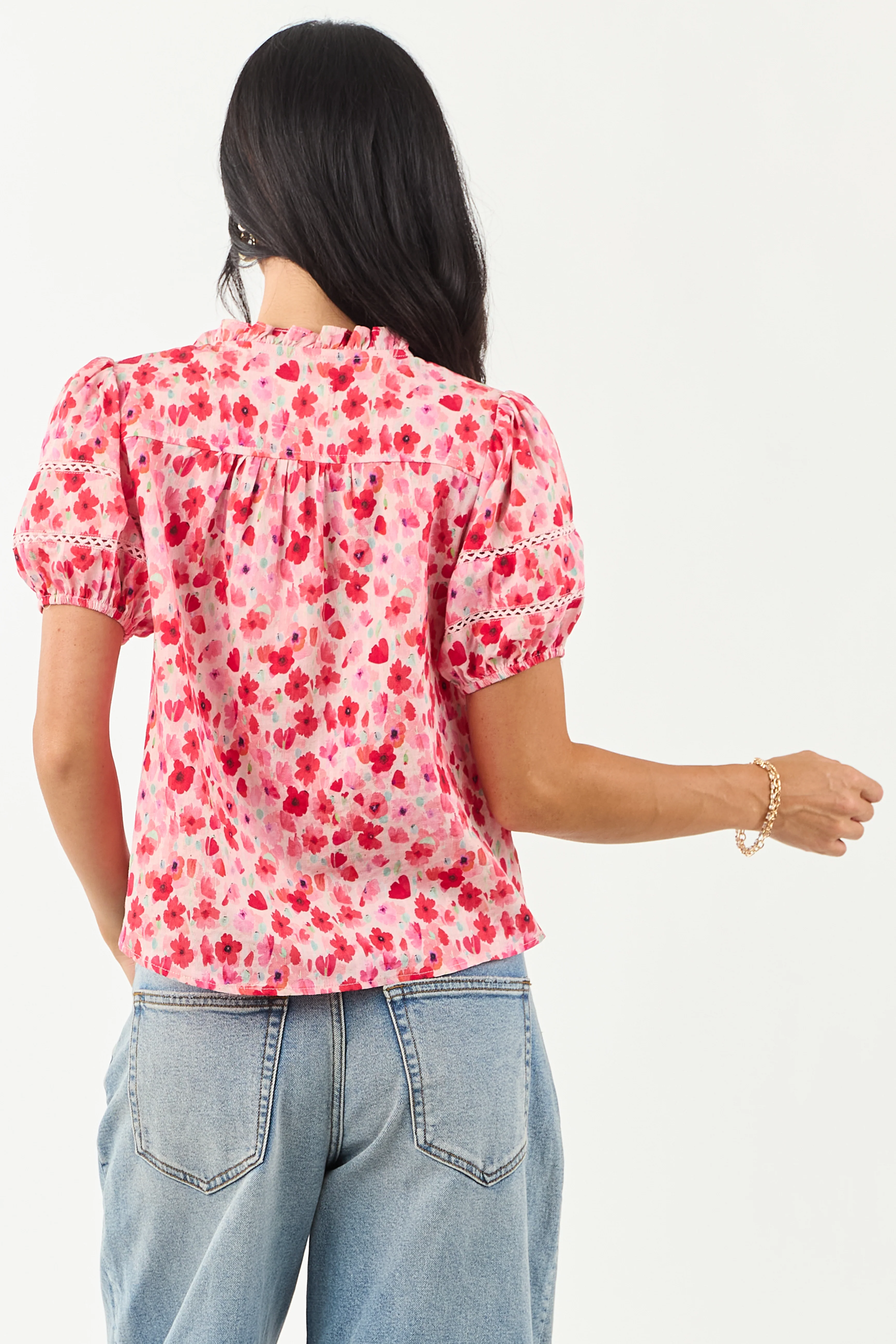 Carnation Floral Print Embroidered Puff Sleeve Blouse - Image 5