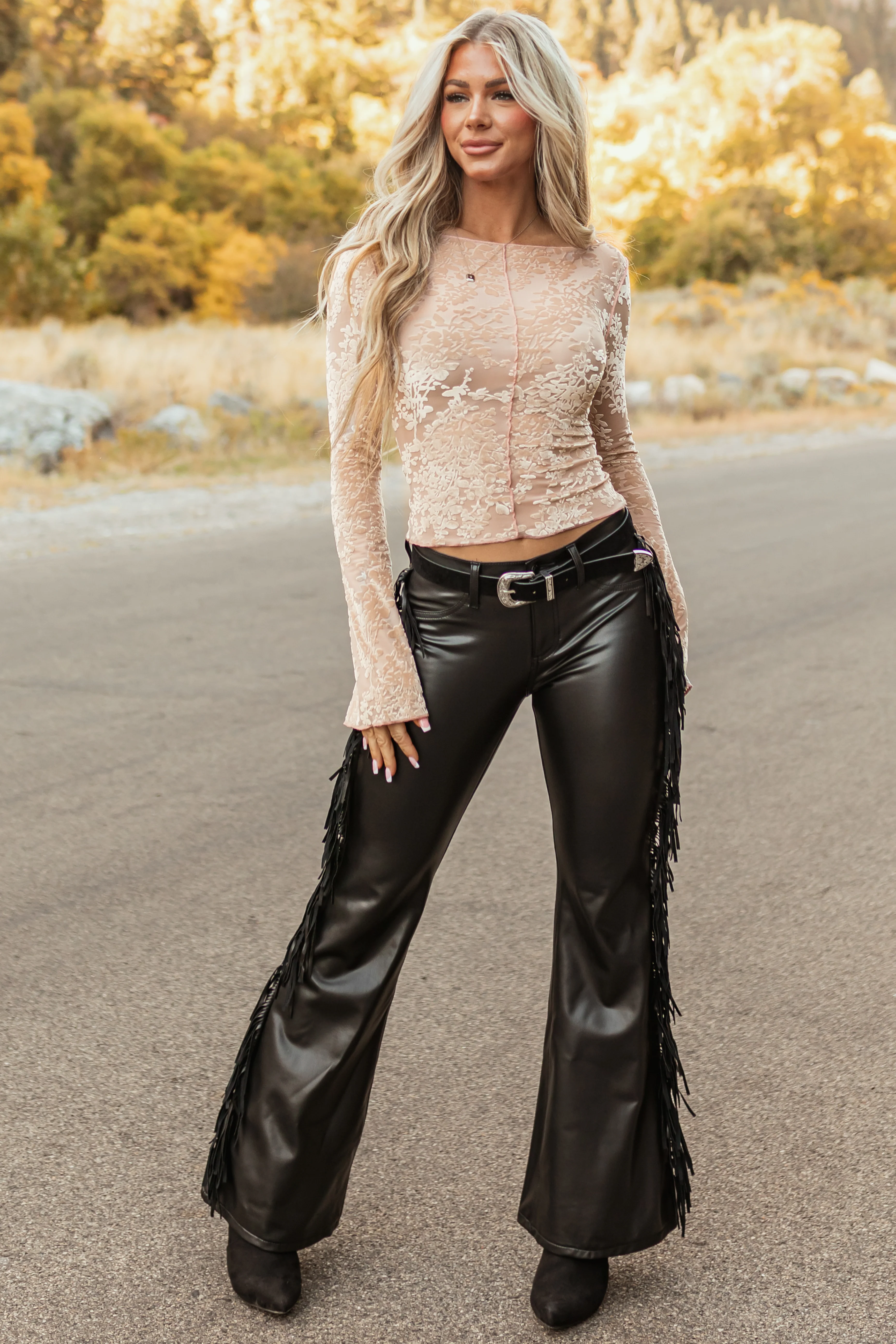 Cello Black Faux Leather Mid Rise Fringe Flare Pants - Image 2