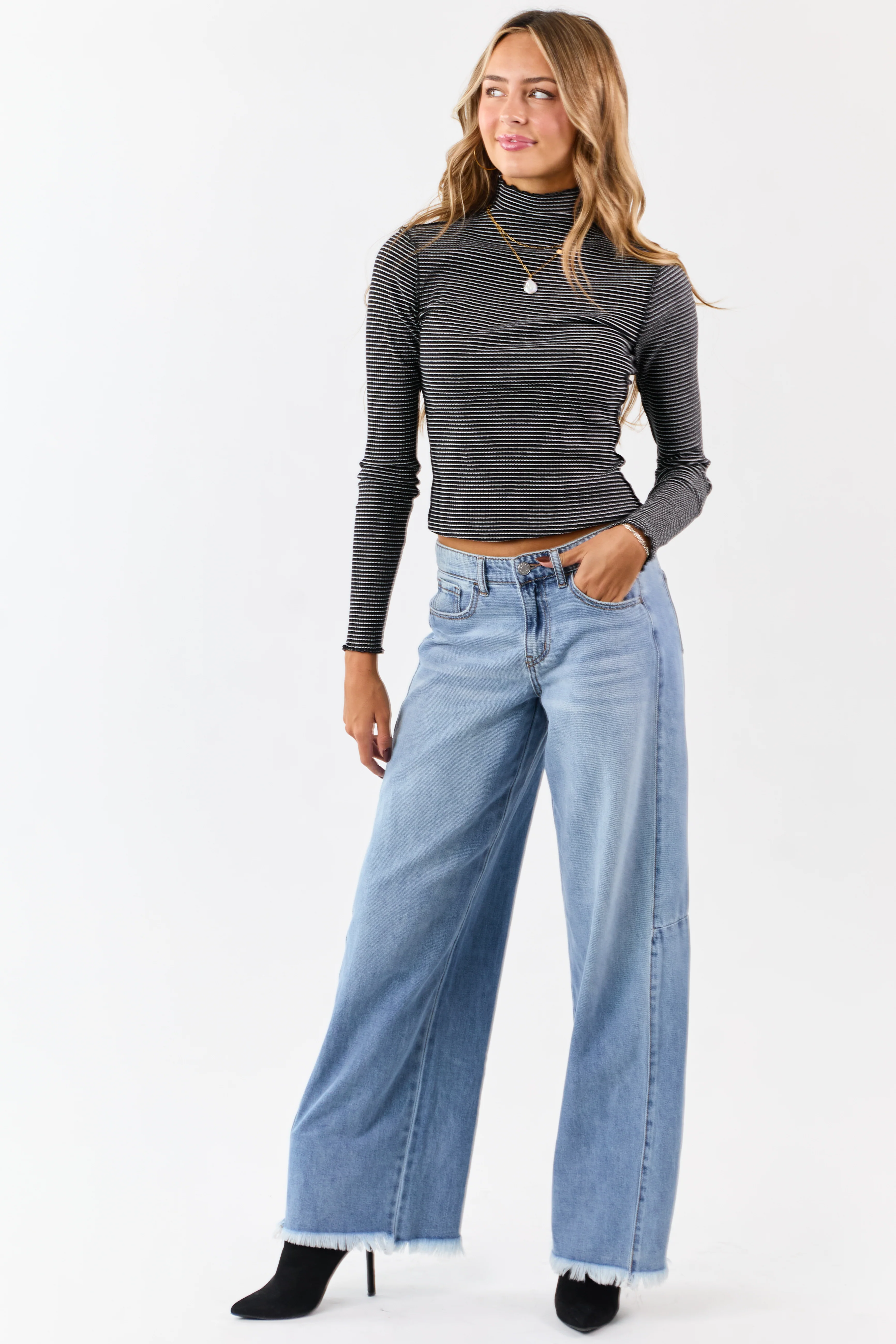 Cello Light Wash Raw Hem High Rise Wide Leg Jeans - Image 2