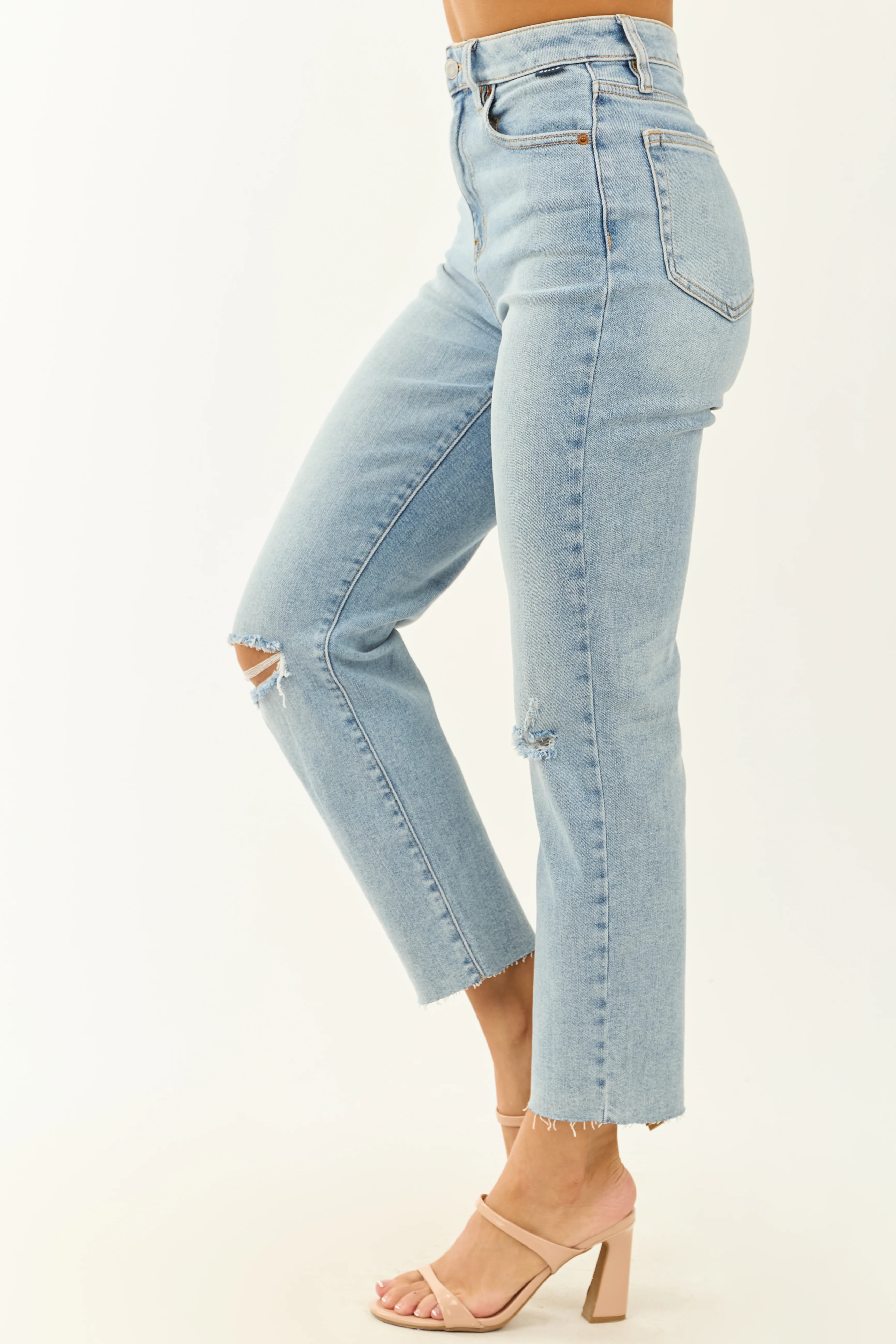 Cello Light Wash Stretchy Distressed Straight Jeans - Image 3