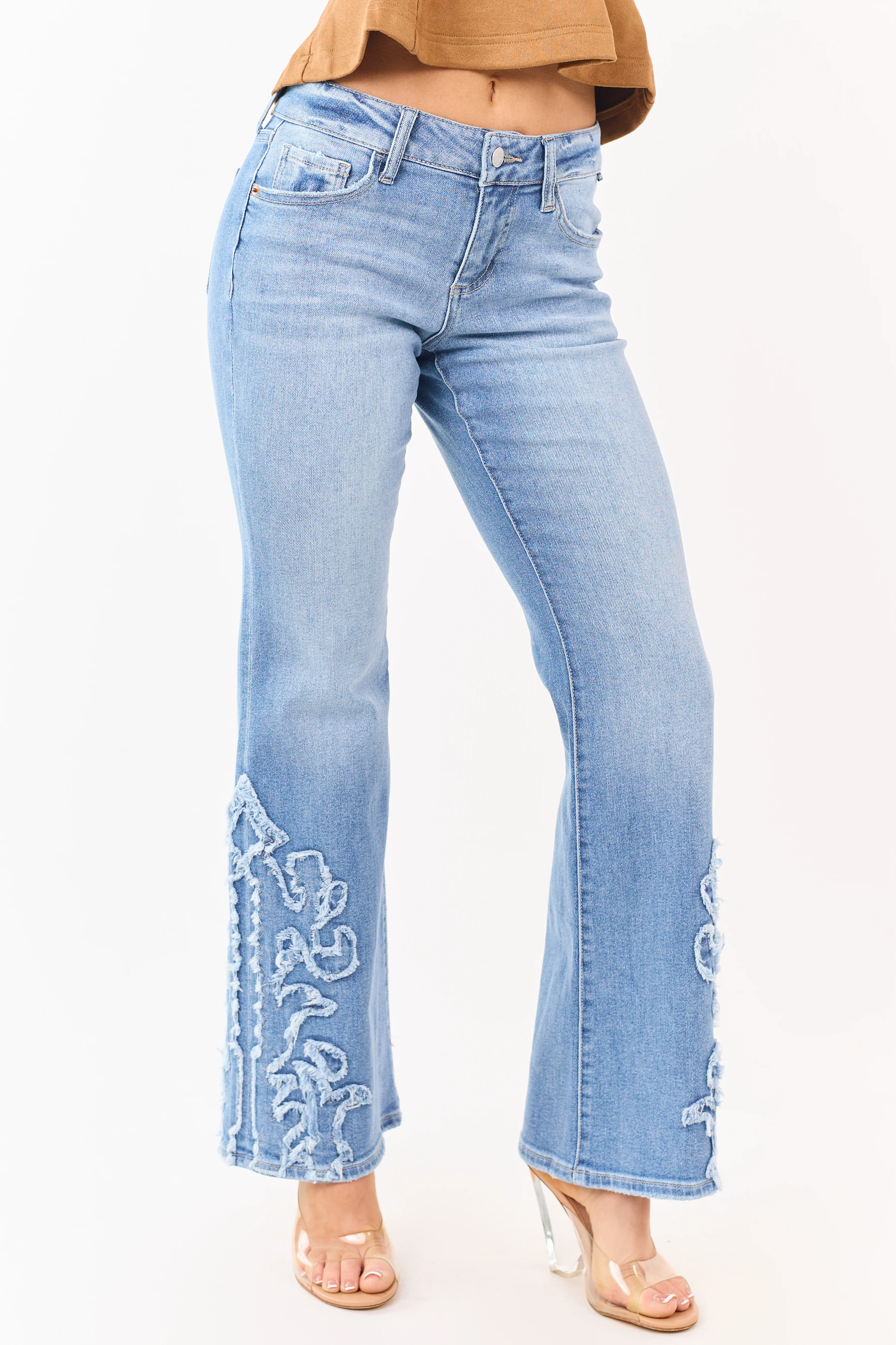 Cello Light Wash Stretchy Flare Leg Frayed Jeans - Image 2