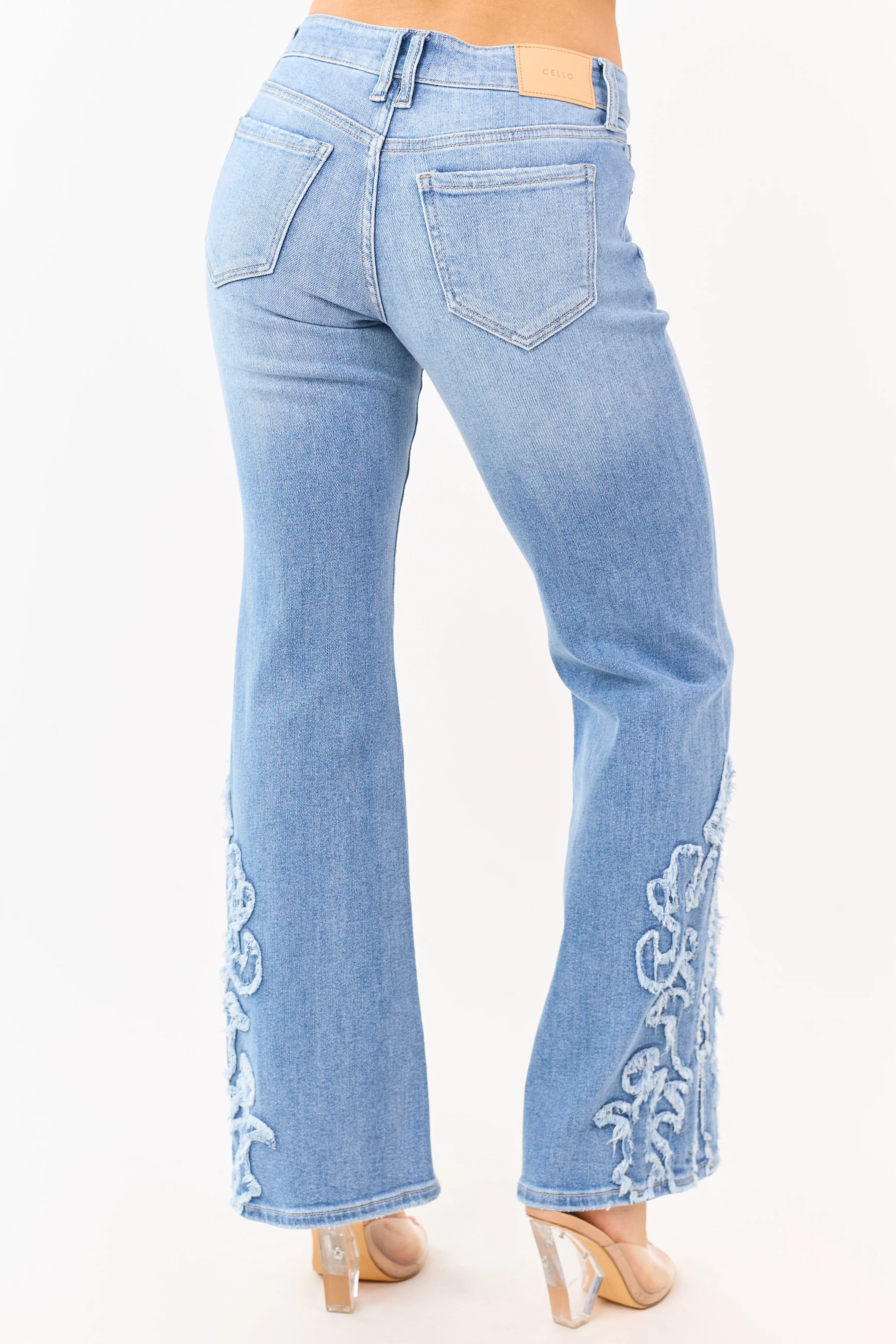 Cello Light Wash Stretchy Flare Leg Frayed Jeans - Image 4
