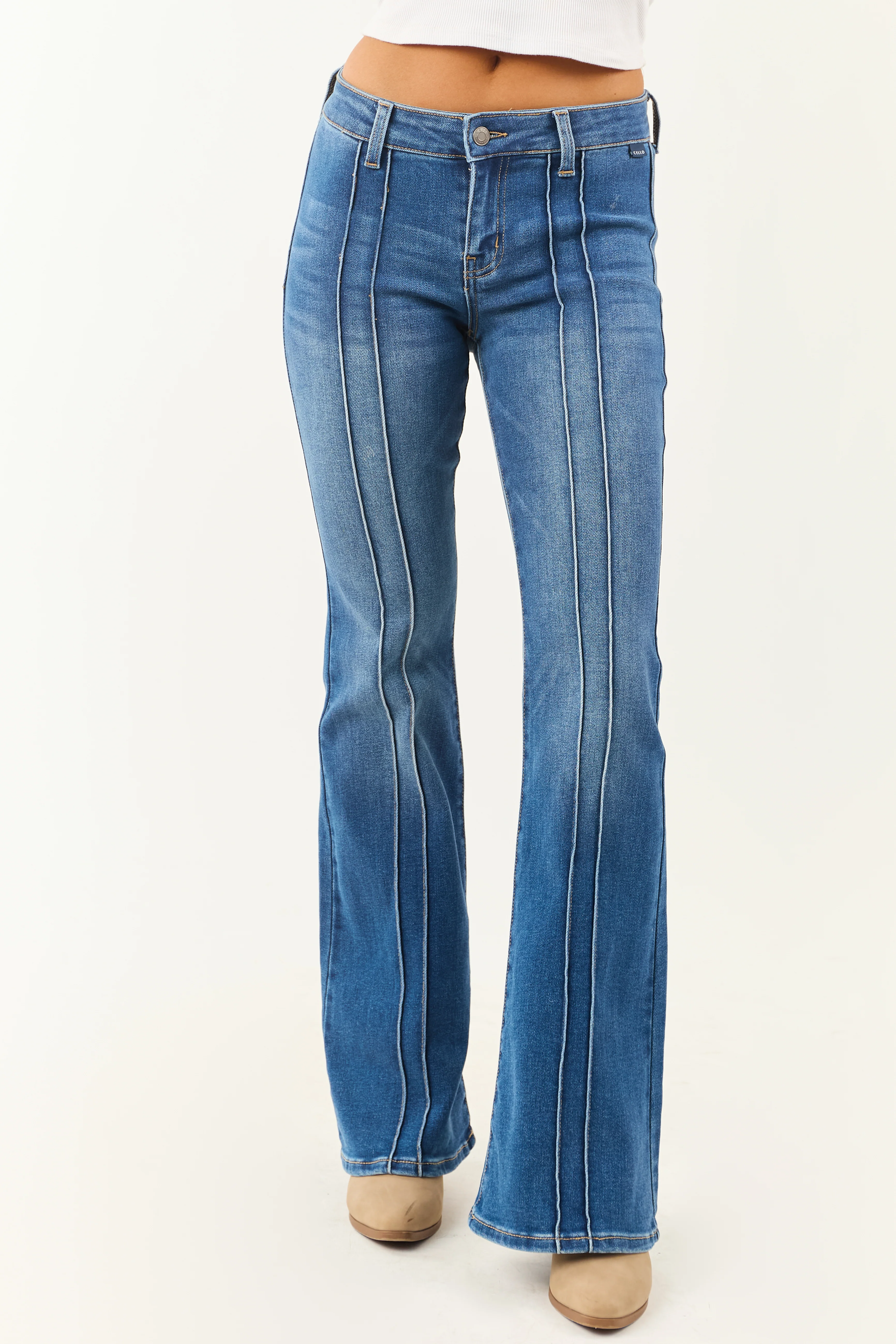 Cello Medium Pin Tuck Detail Stretchy Flare Jeans - Image 4
