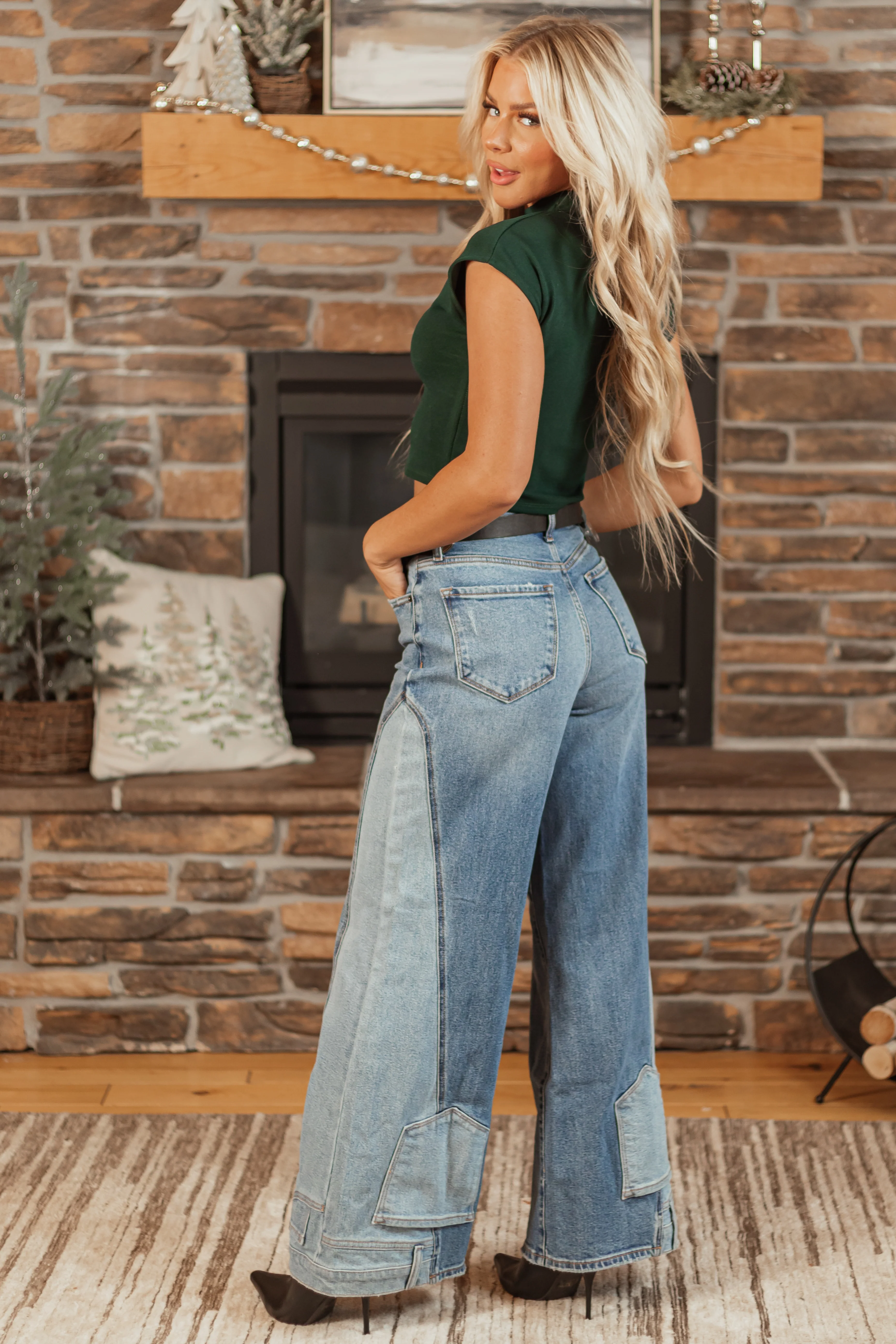 Cello Medium Wash Pocket Hem Detail Wide Leg Jeans - Image 4