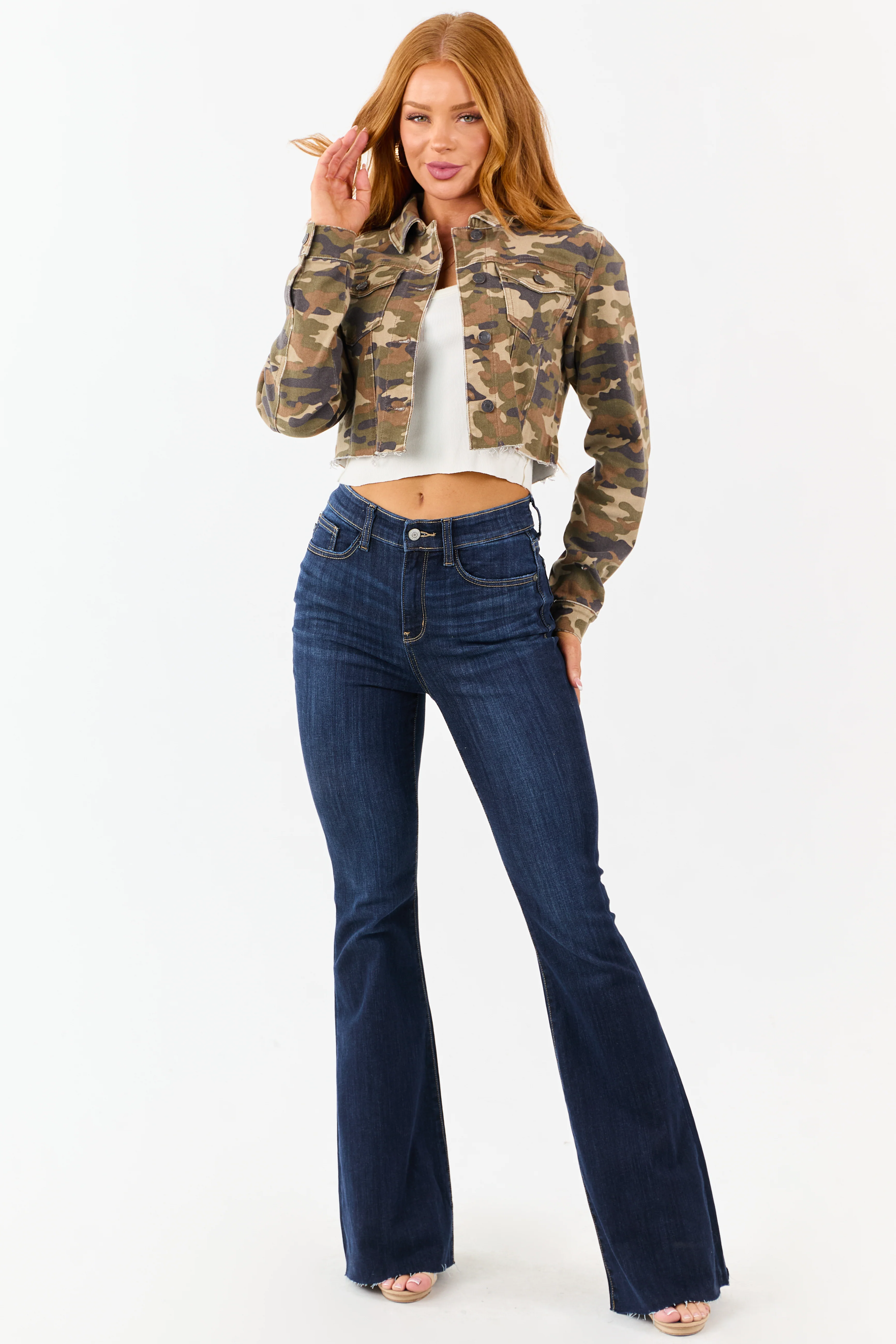 Cello Olive Camo Print Cropped Denim Jacket - Image 5