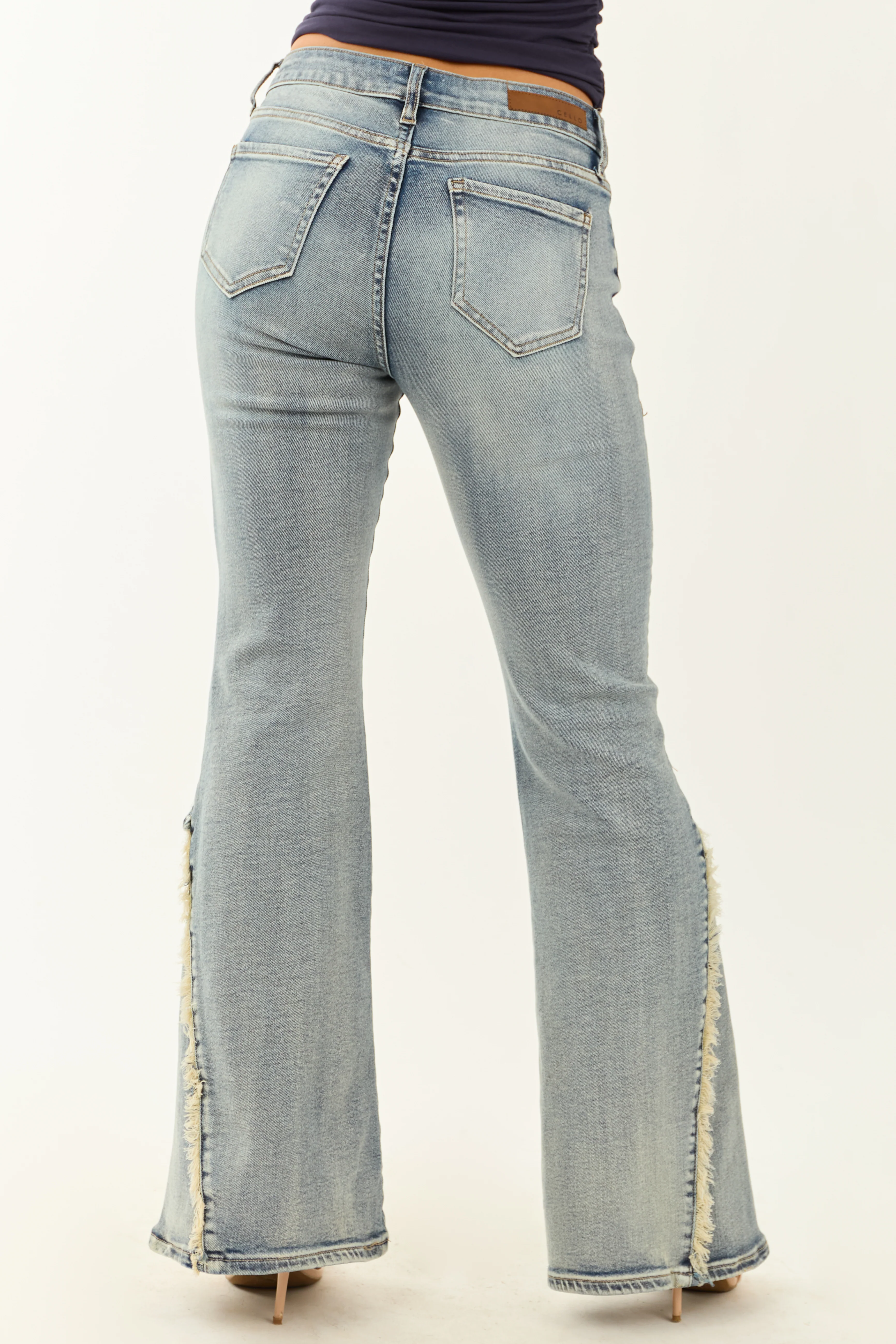 Cello Vintage Wash Stretchy Frayed Seam Flare Jeans - Image 5