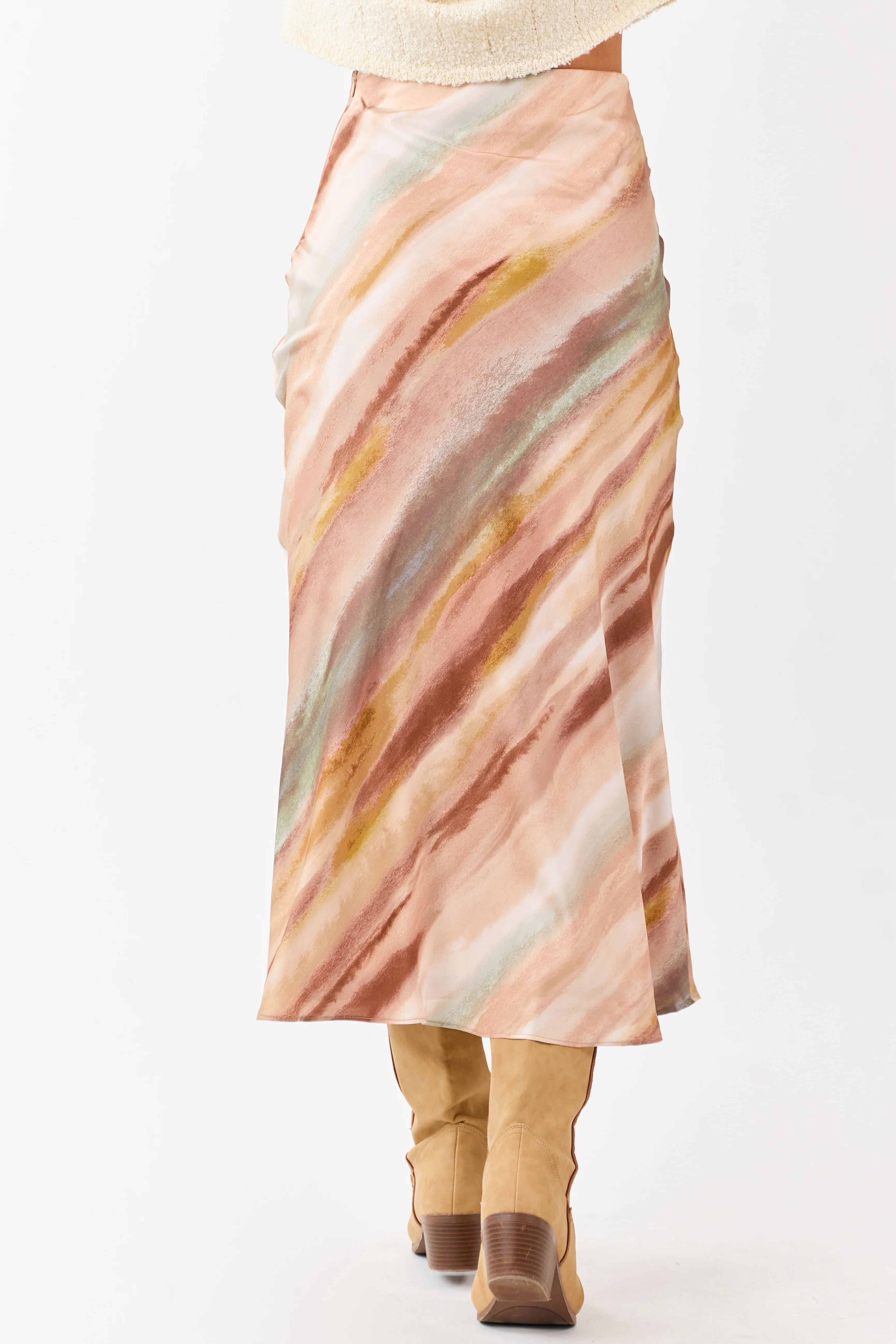 Champagne Abstract Print Satin Midi Skirt - Image 4
