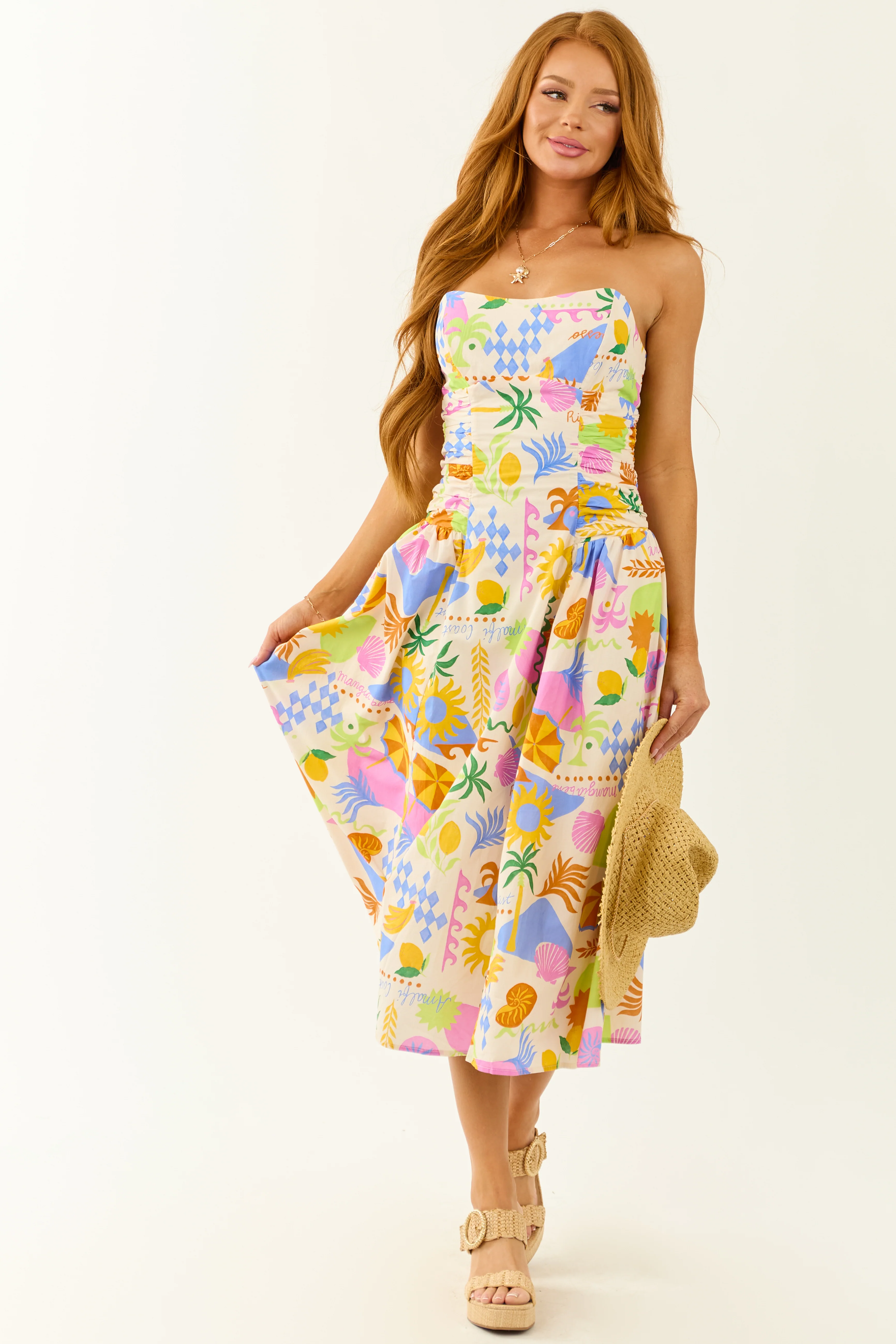 Champagne Abstract Print Strapless Cotton Midi Dress - Image 2